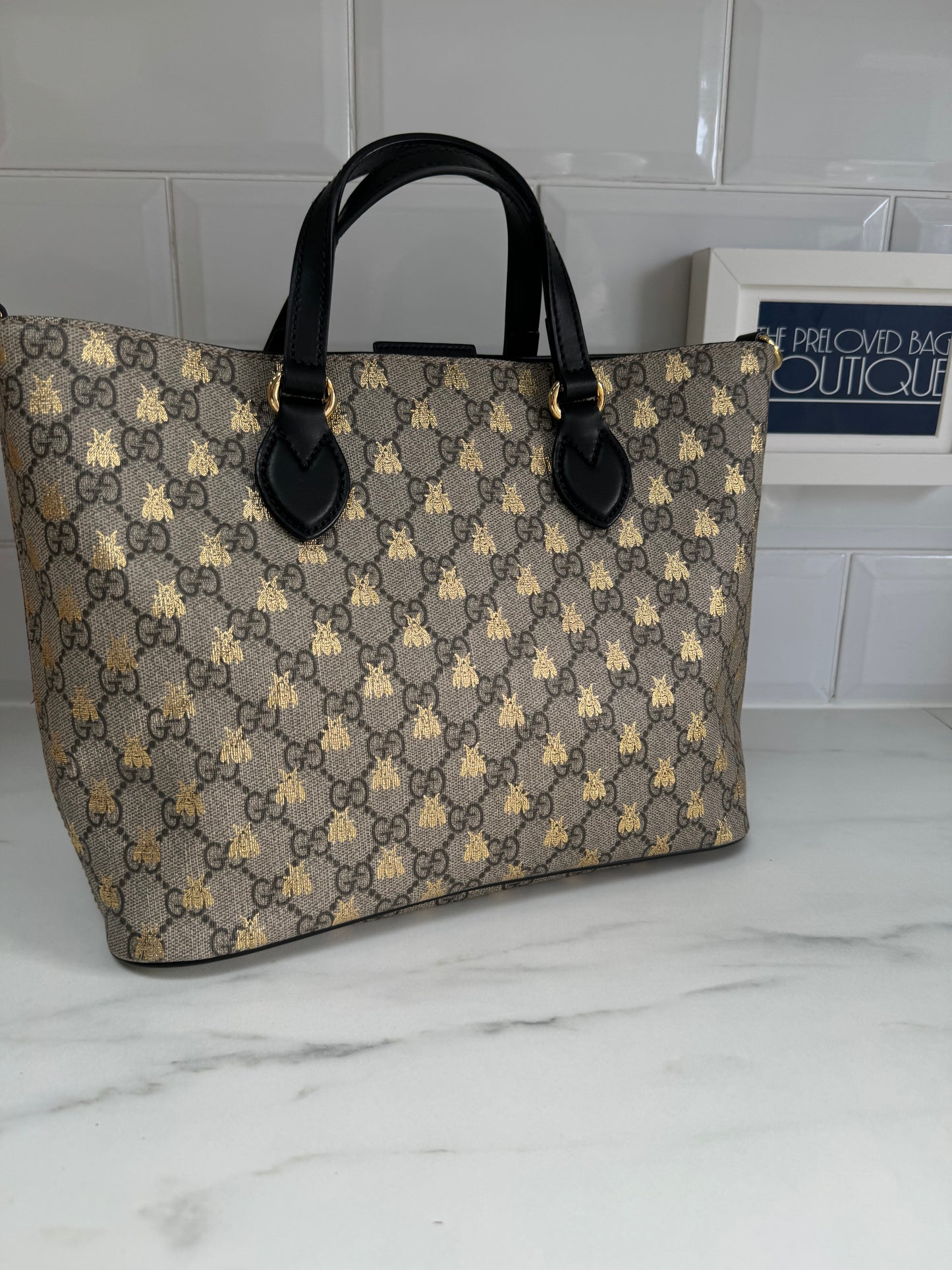 Gucci Limited Edition GGMonogram Supreme Bees Tote - Brown & Gold