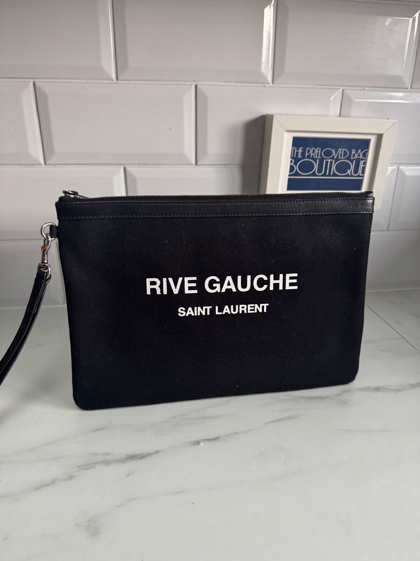 Saint Laurent (YSL) Rive Gauche Wristlet Pouch - Black and White