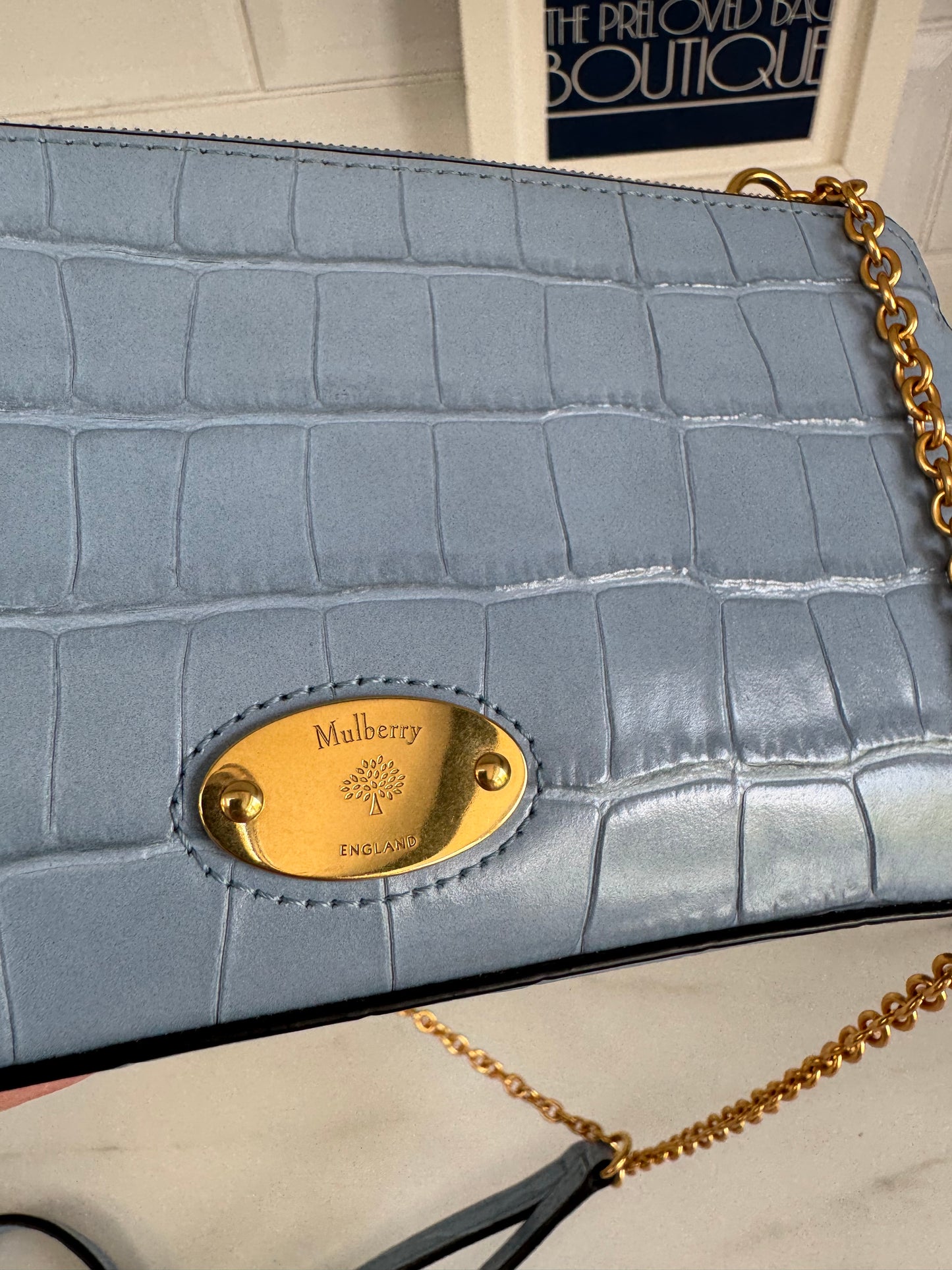Mulberry Plaque WOC (wallet on a chain) - Cornflower Blue croc embossed
