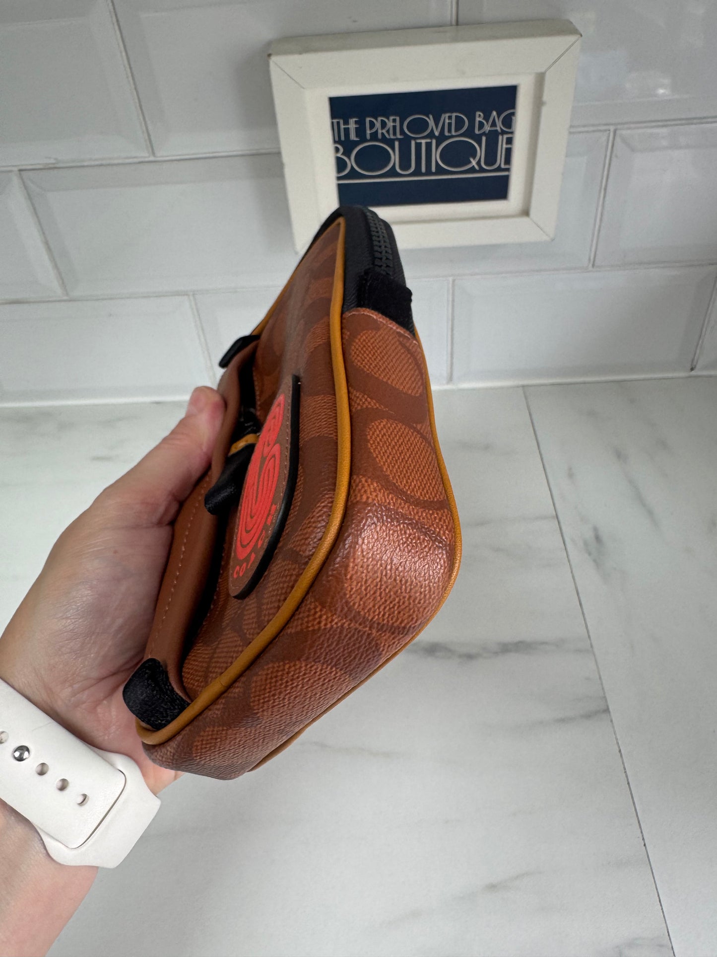 Coach North/South Hybrid Pouch in Signature Canvas - brown and red