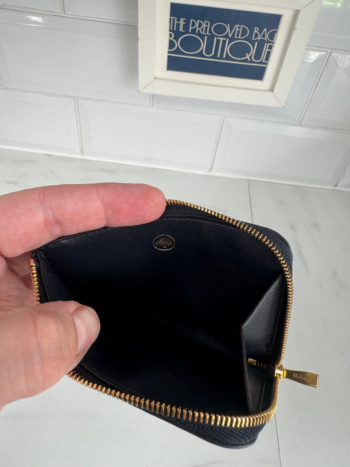 Mulberry Flower Embossed Long Zip around Purse and Card Holder - Navy Blue