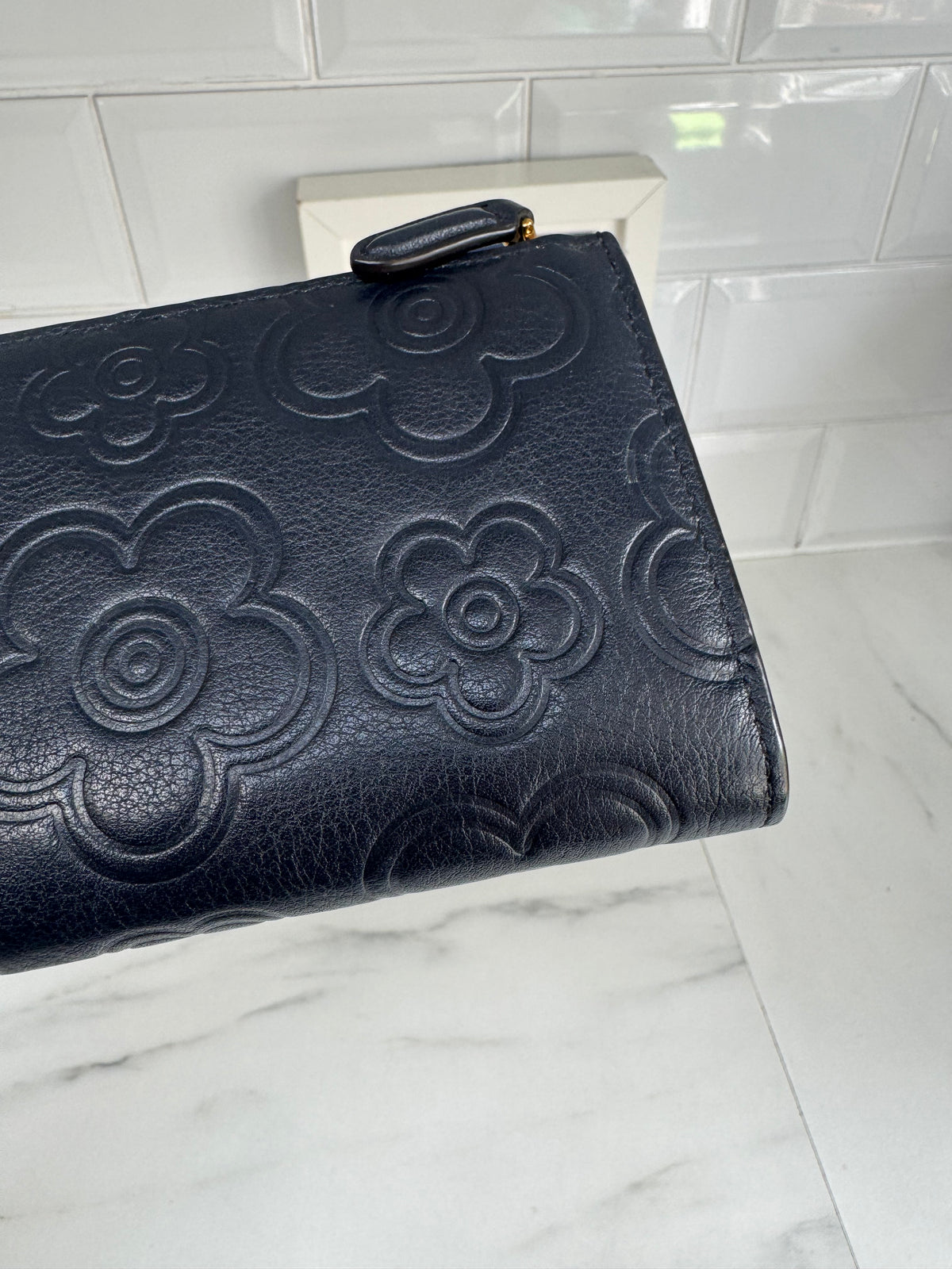 Mulberry Flower Embossed Long Zip around Purse and Card Holder - Navy Blue
