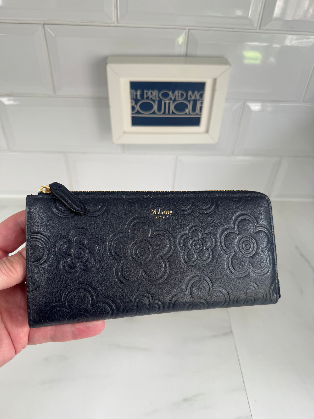 Mulberry Flower Embossed Long Zip around Purse and Card Holder - Navy Blue