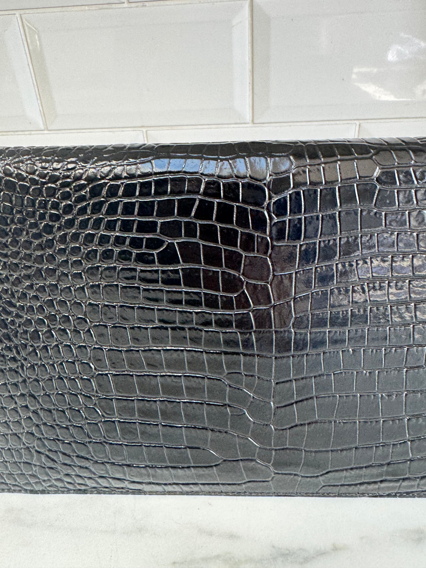Saint Laurent (YSL) Croc Embossed Uptown Envelope Pouch - Black