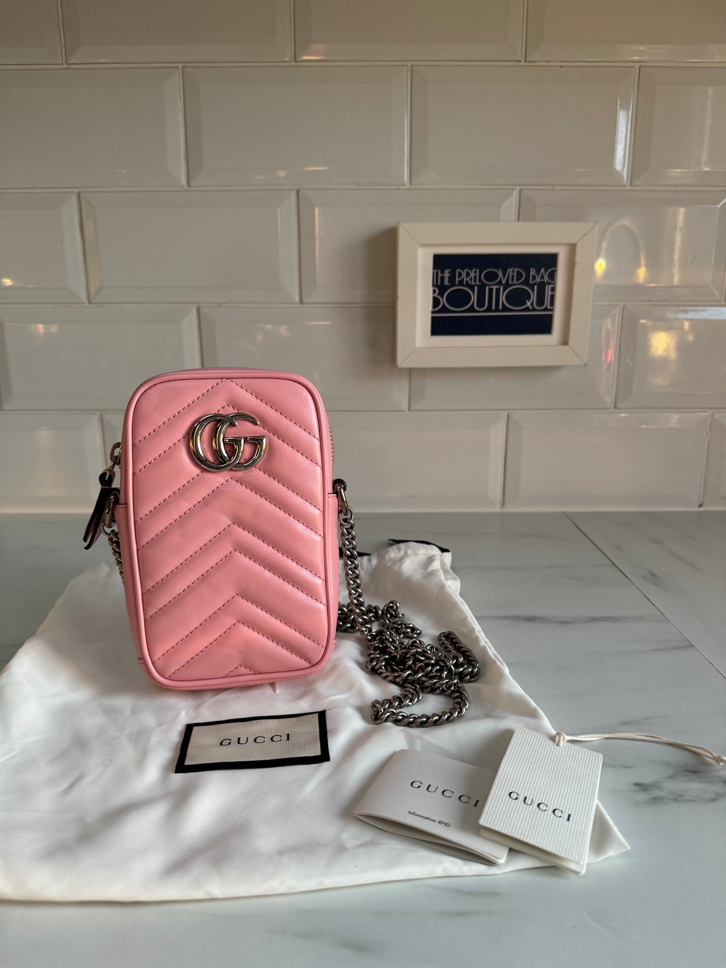 Gucci GG Marmont Mini Phone Holder Bag Wild Rose Calfskin