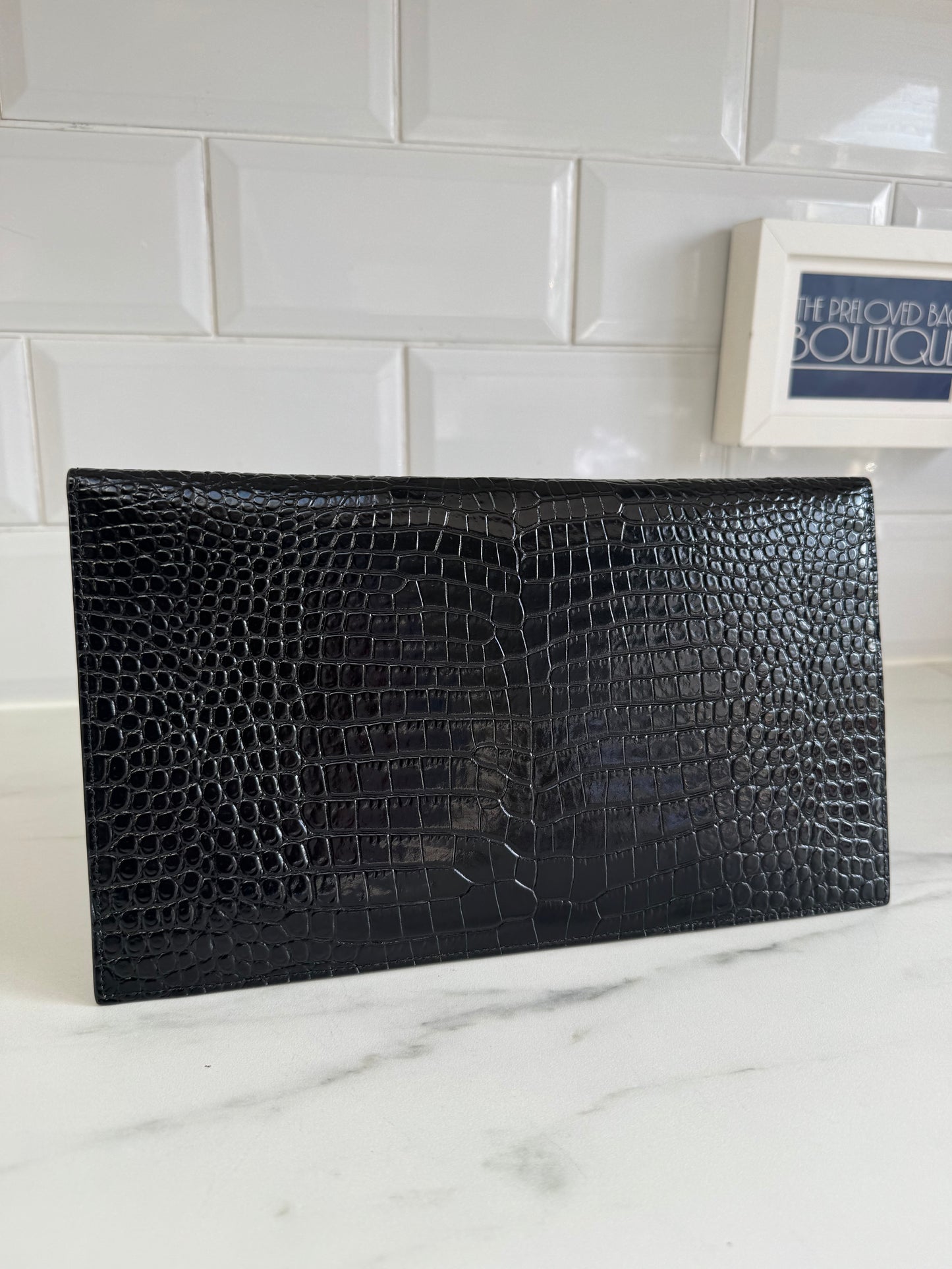 Saint Laurent (YSL) Croc Embossed Uptown Envelope Pouch - Black