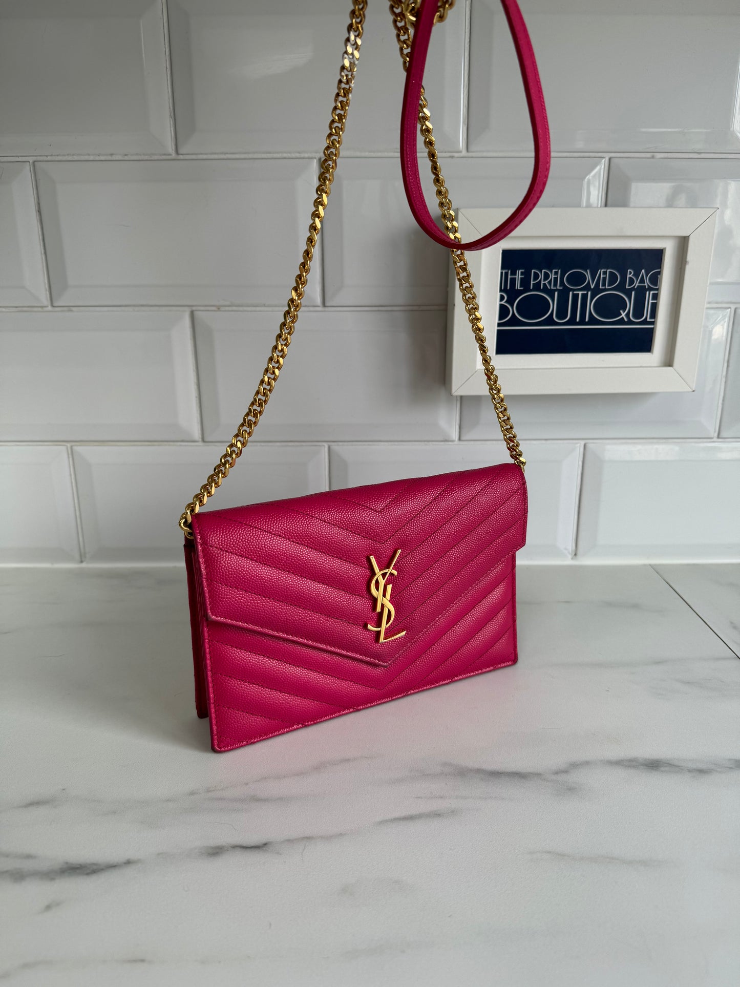 YSL/Saint Laurent Paris Cassandre Envelope Chain Wallet - Fuschia Pink