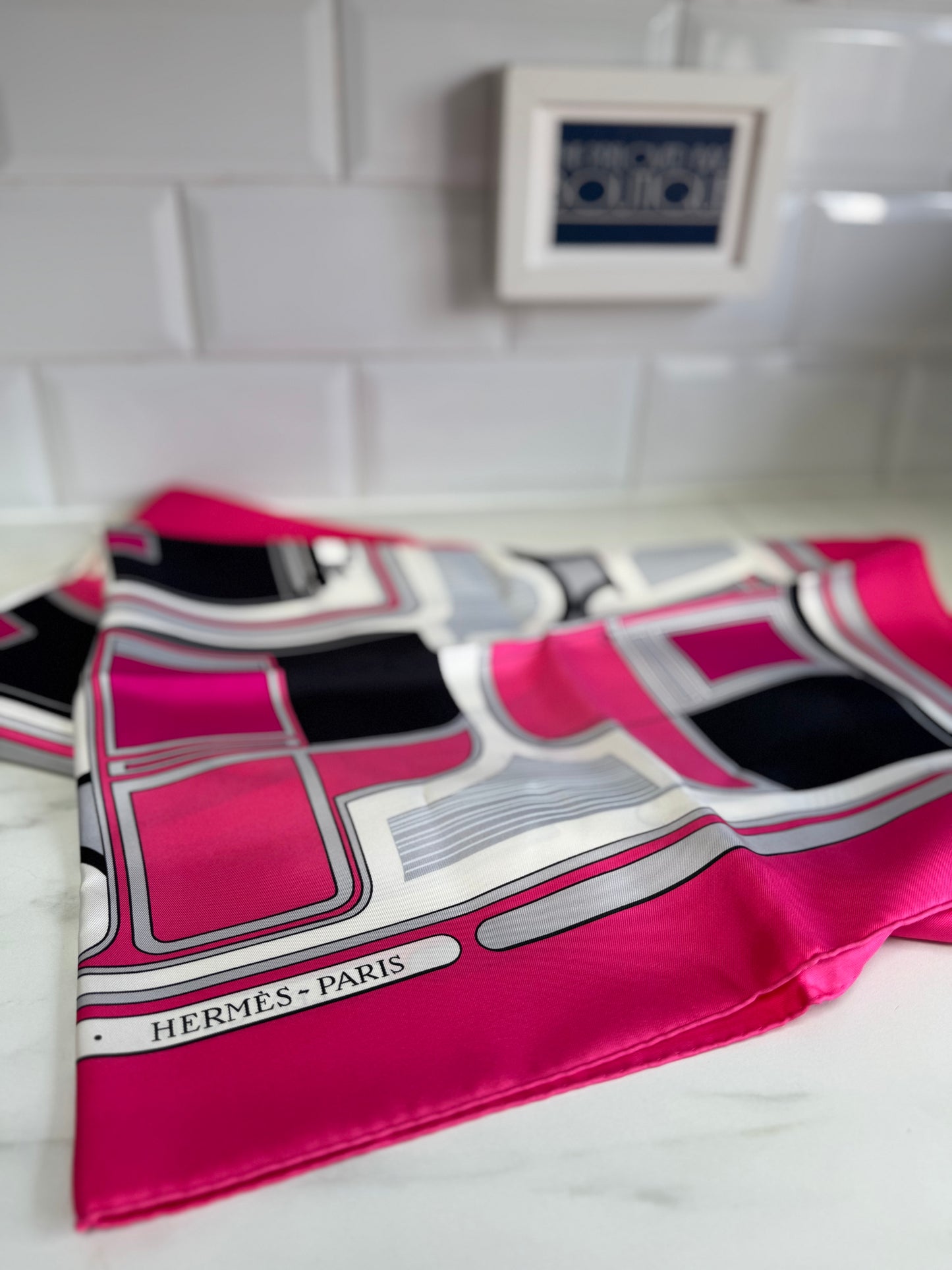 Hermes Les Coupes silk twill scarf - Pink, Black, Grey and White