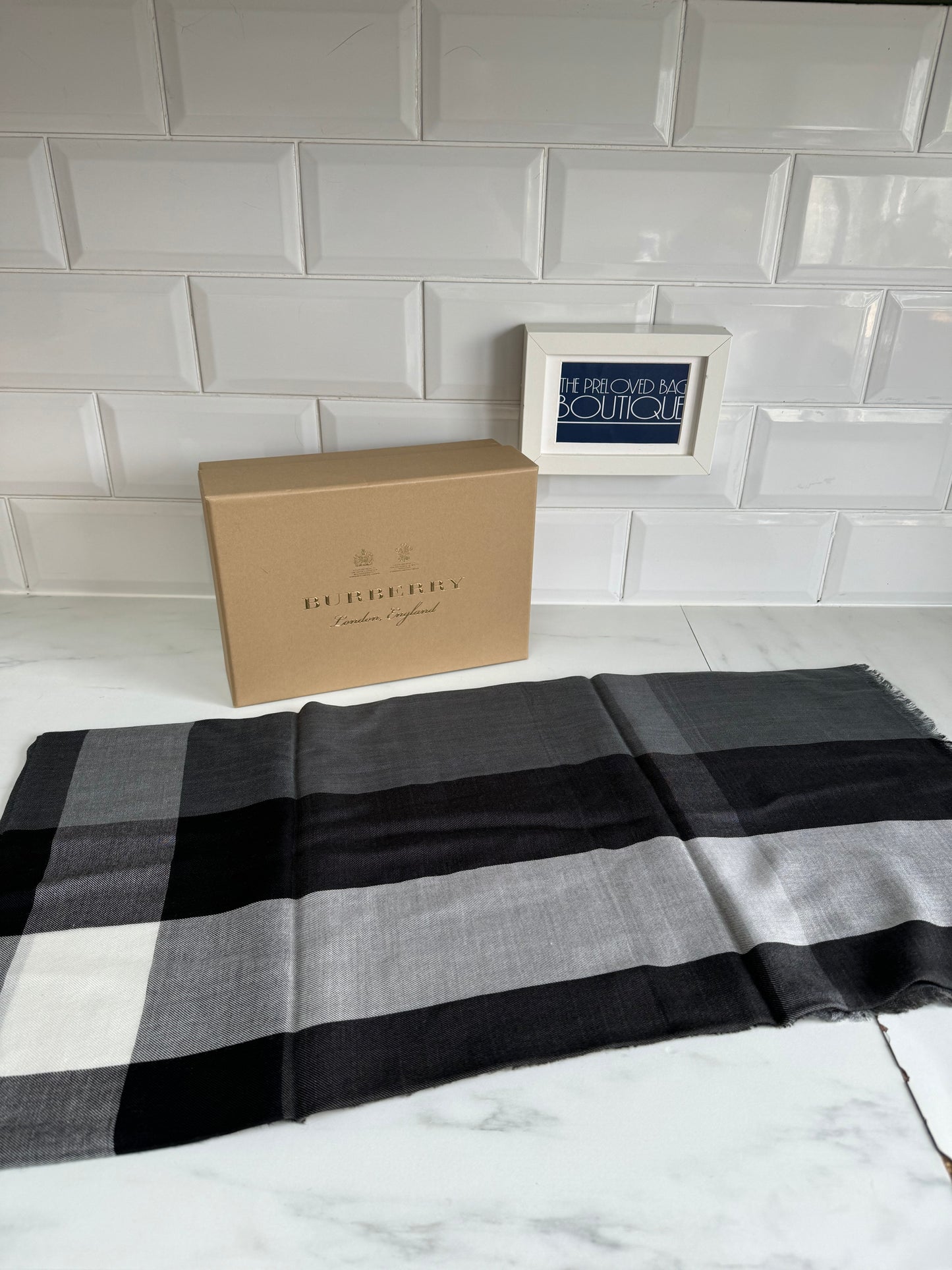 Burberry Scarf/Shawl - White, Black & Grey