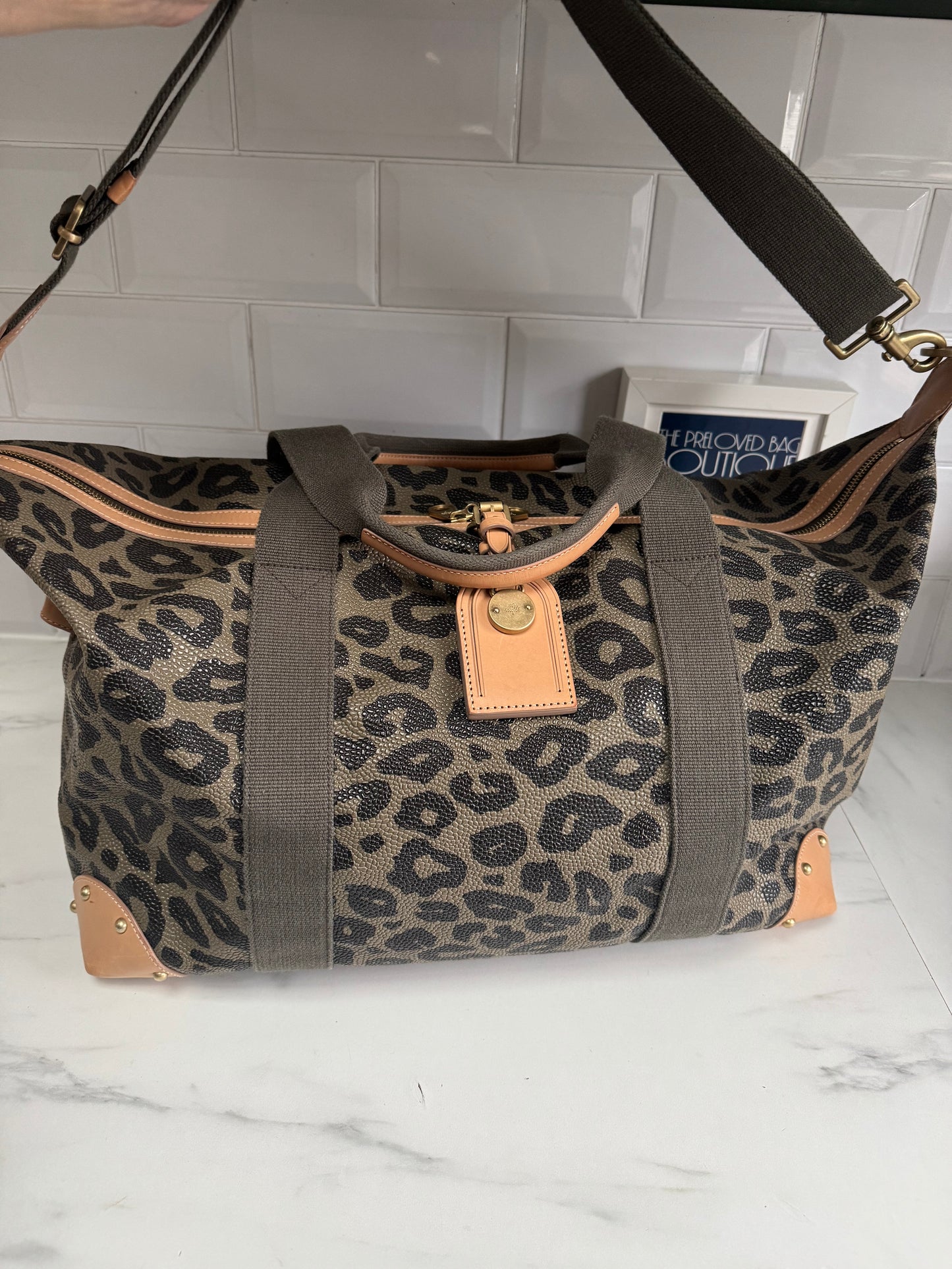 Mulberry Limited Edition Scotchgrain Birds Nest Large Clipper Holdall - Olive Green and Black Leopard Print