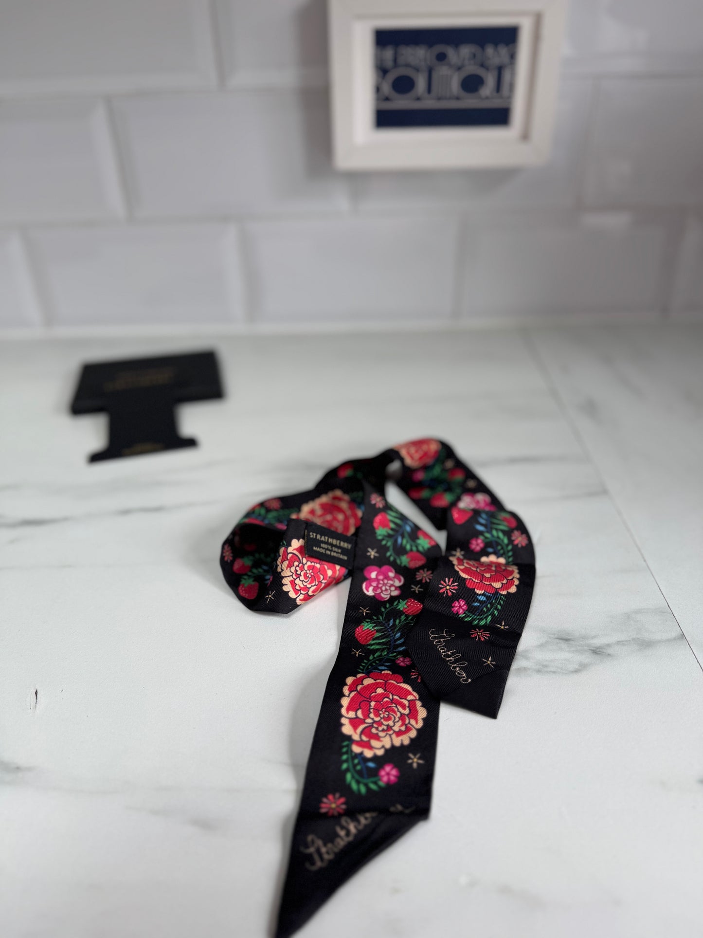 Strathberry Silk Scarf / Twilly - Black Floral