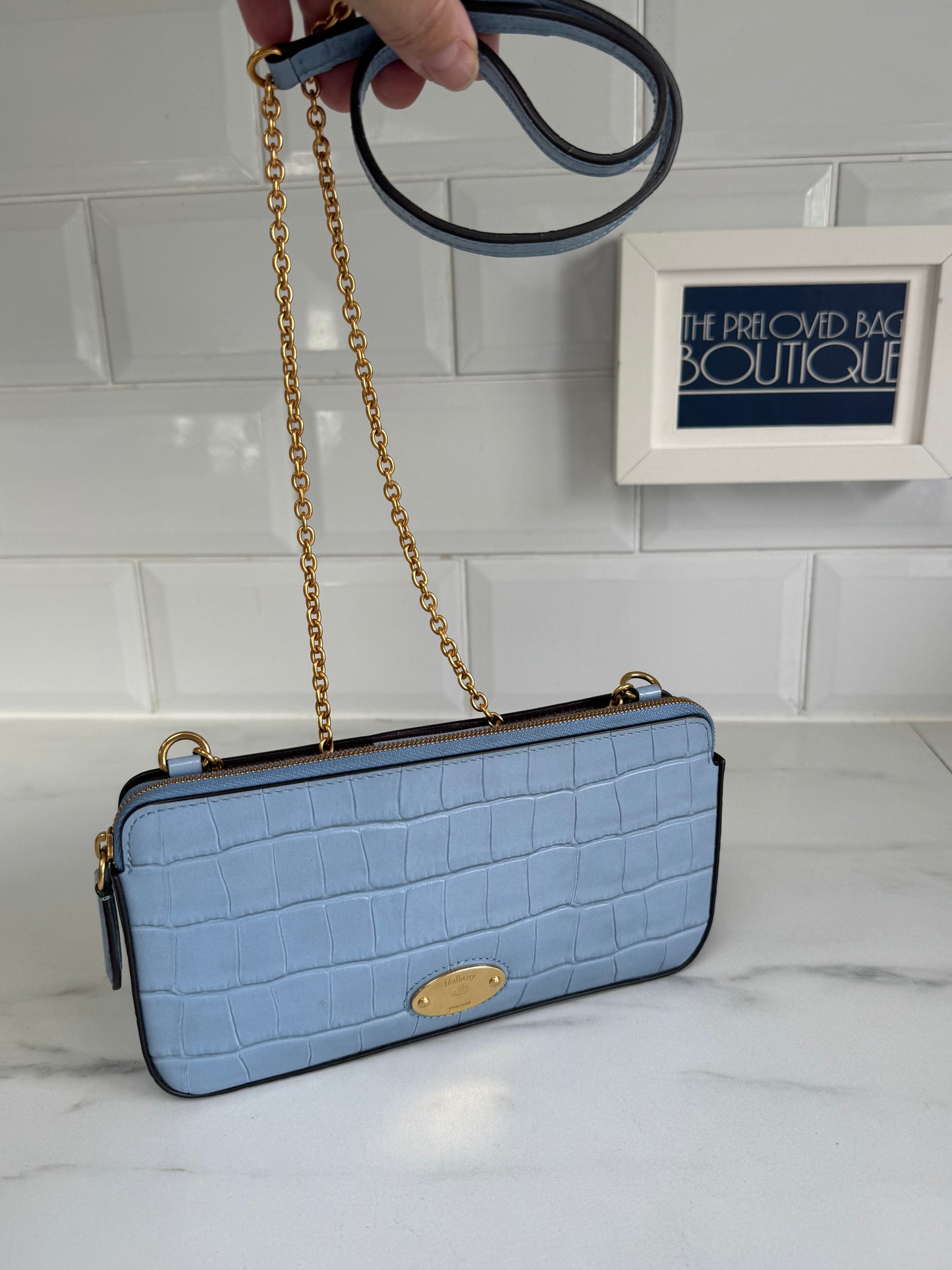 Mulberry Plaque WOC (wallet on a chain) - Cornflower Blue croc embossed