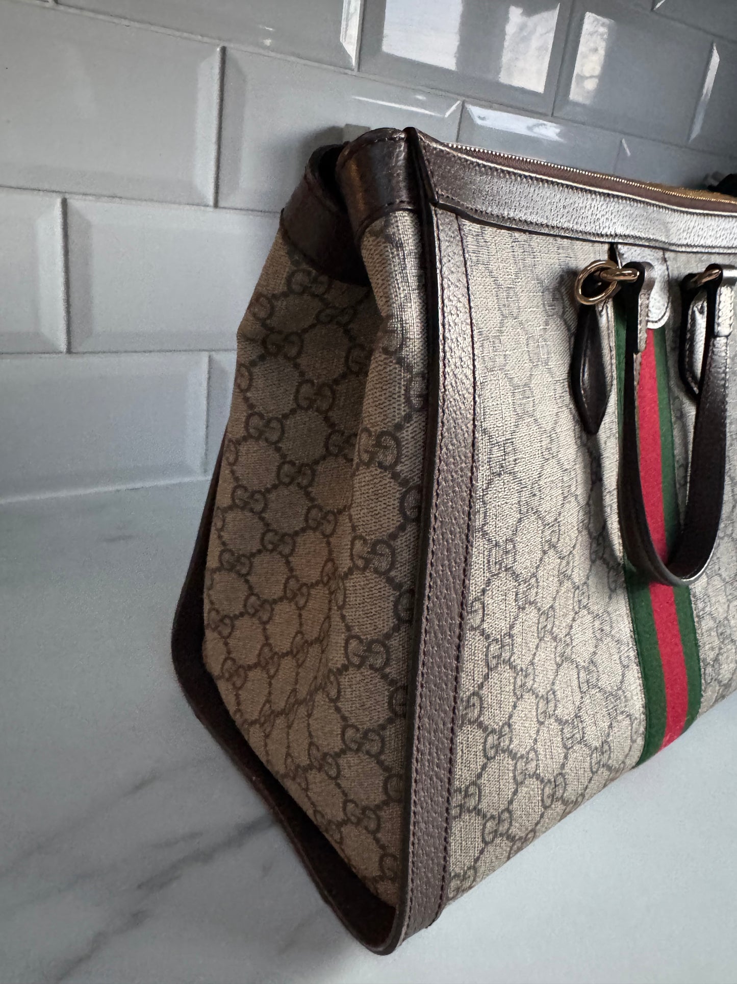 Gucci Medium Ophidia Tote - Brown, Green, Red, Grey