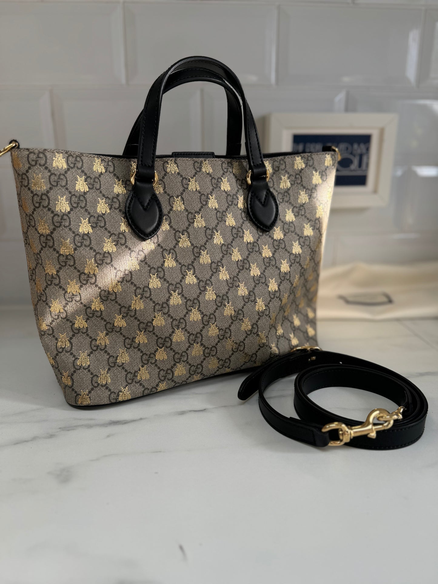 Gucci Limited Edition GGMonogram Supreme Bees Tote - Brown & Gold