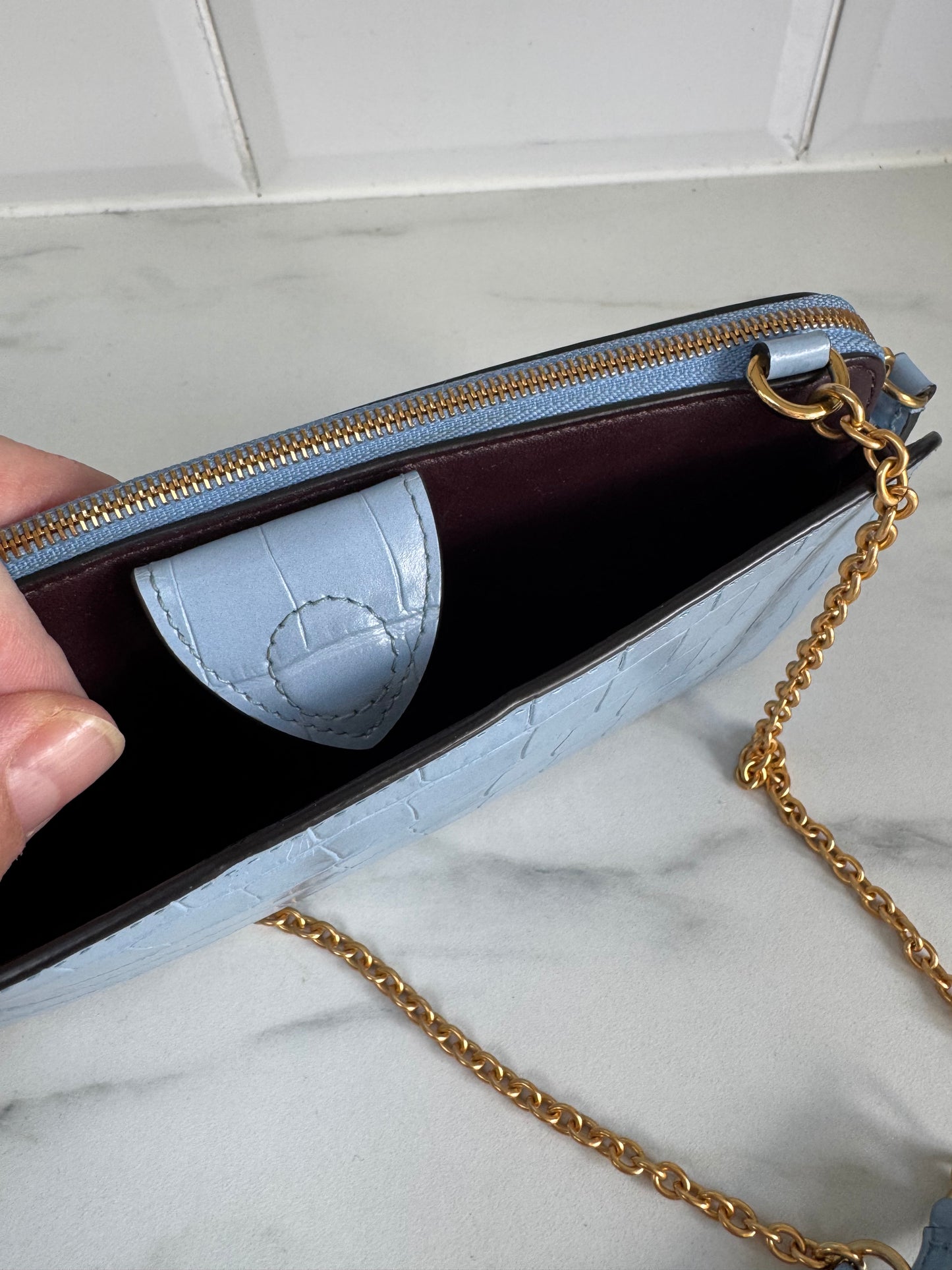 Mulberry Plaque WOC (wallet on a chain) - Cornflower Blue croc embossed