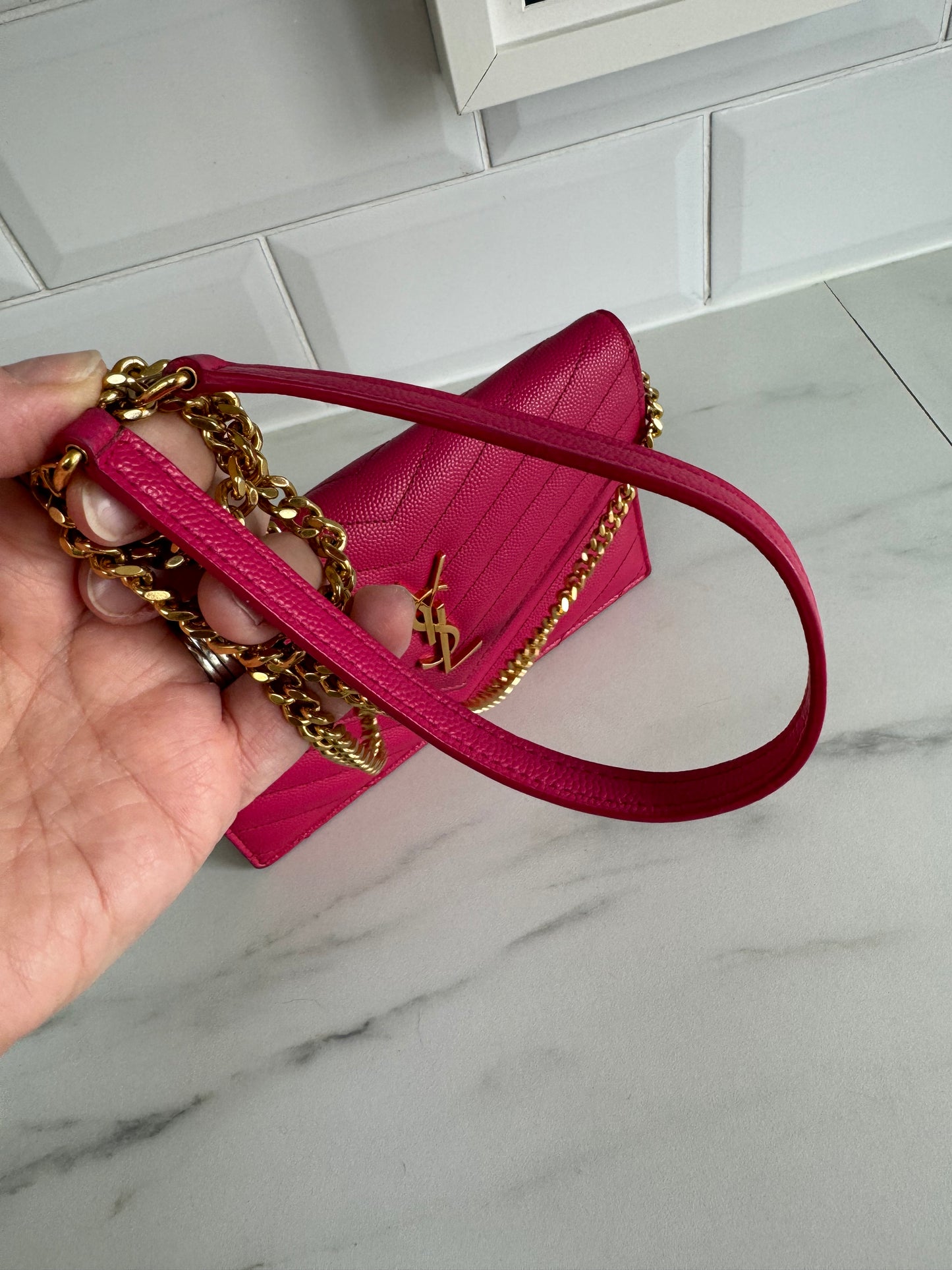 YSL/Saint Laurent Paris Cassandre Envelope Chain Wallet - Fuschia Pink