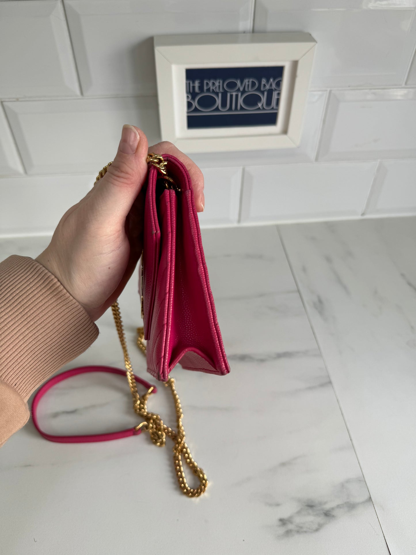 YSL/Saint Laurent Paris Cassandre Envelope Chain Wallet - Fuschia Pink