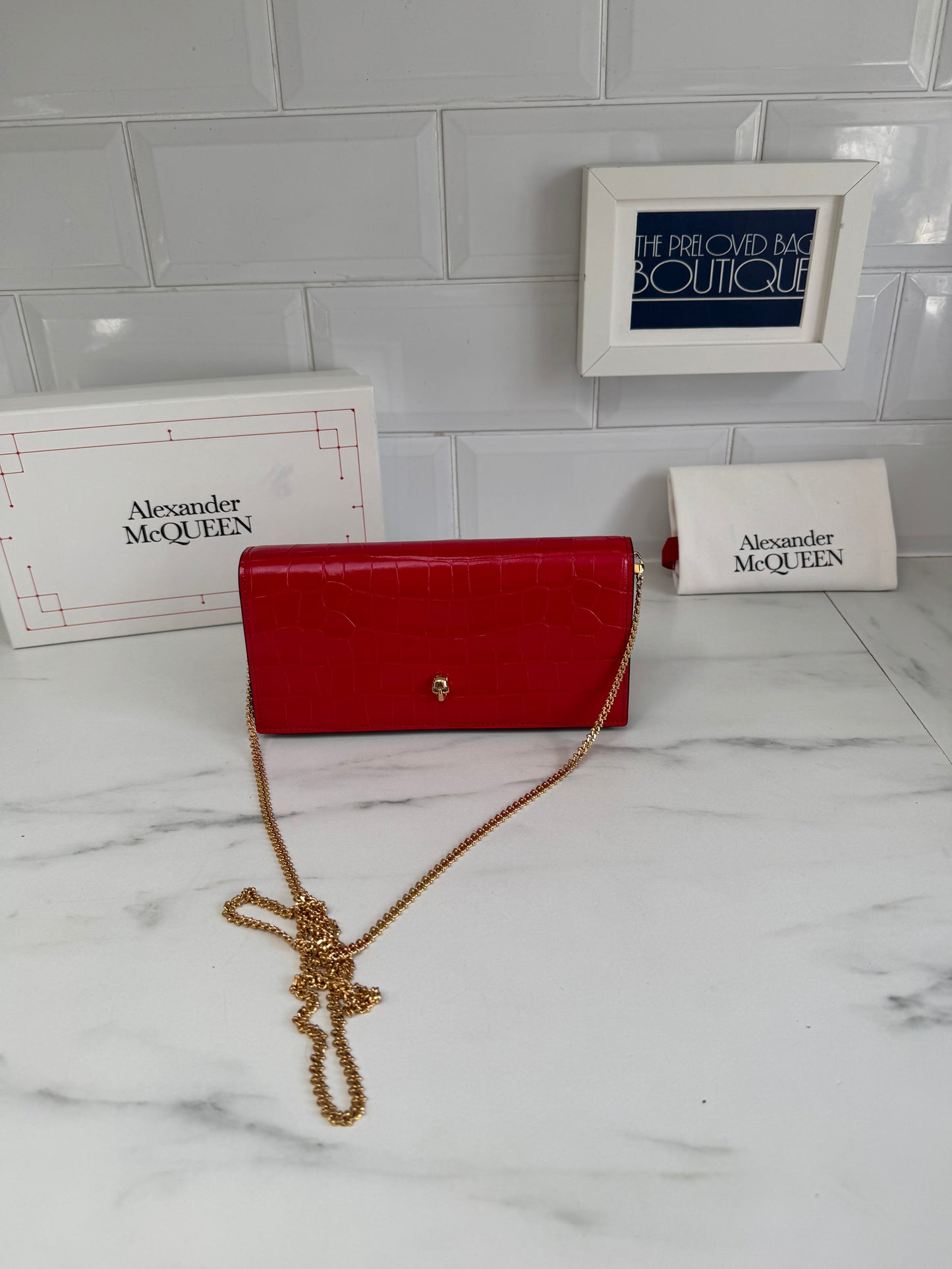 Alexander McQueen Small Skull Croc Embossed WOC - Red