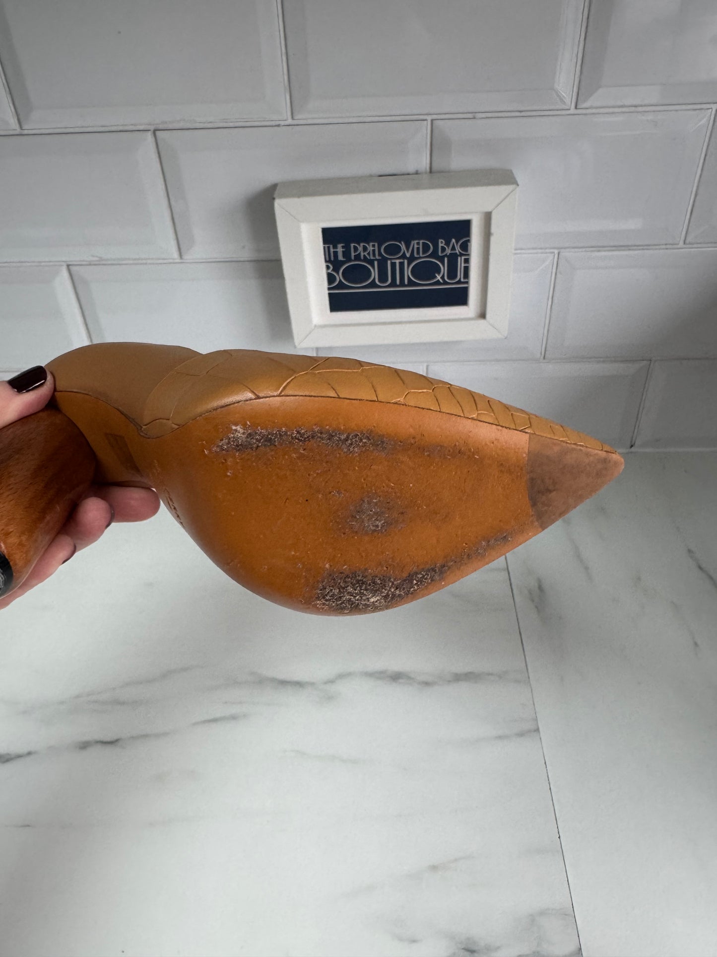 Mulberry Croc Nappa Leather Wooden Heels - Camel