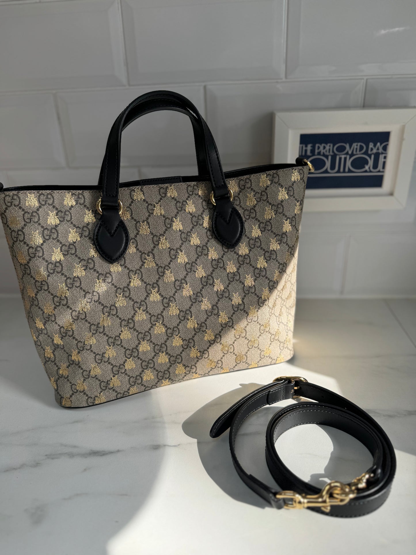 Gucci Limited Edition GGMonogram Supreme Bees Tote - Brown & Gold