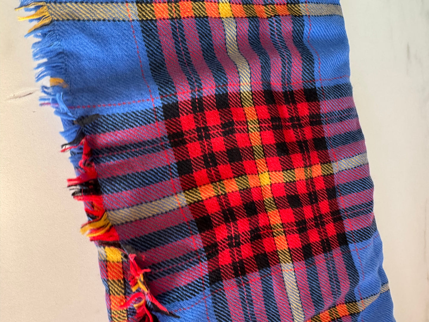 Mulberry Bright Check Light Wool Shawl/Scarf - Porcelain Blue, Yellow, Red and Black