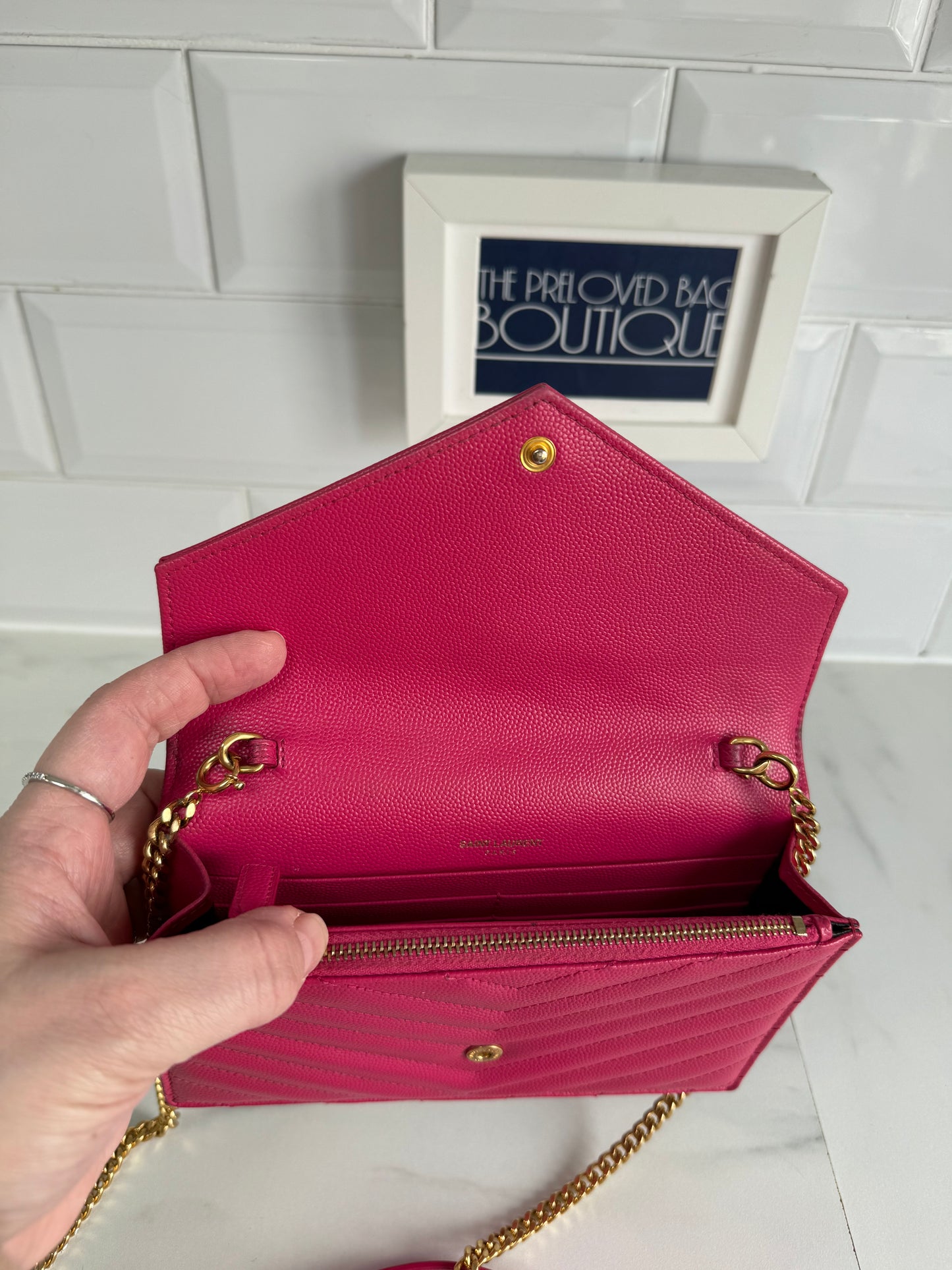 YSL/Saint Laurent Paris Cassandre Envelope Chain Wallet - Fuschia Pink