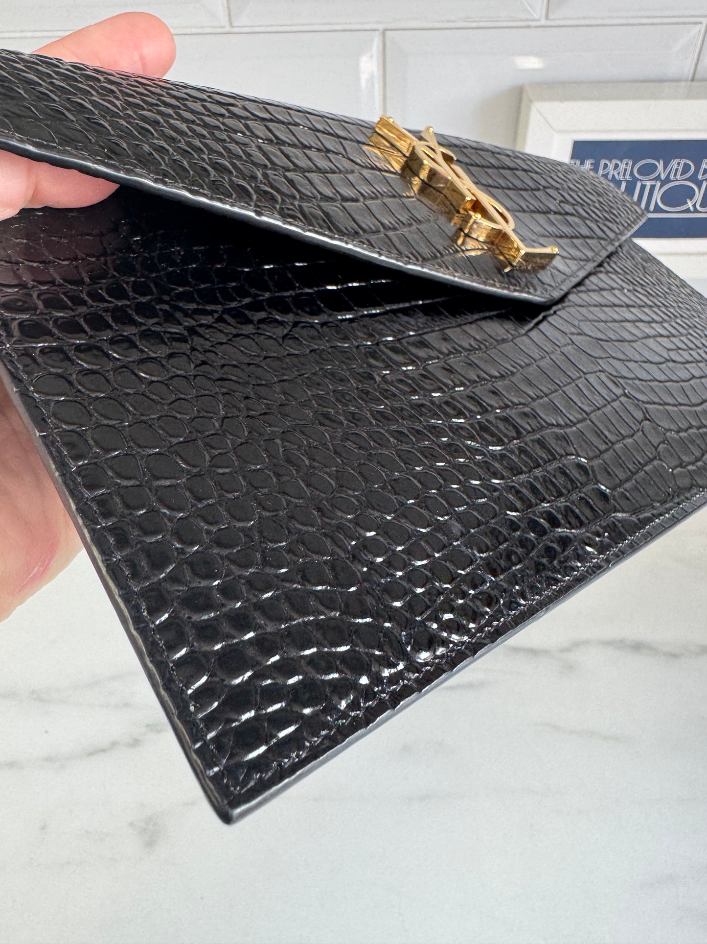 Saint Laurent (YSL) Croc Embossed Uptown Envelope Pouch - Black