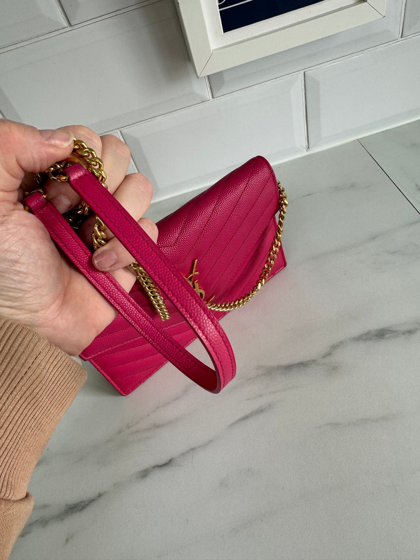 YSL/Saint Laurent Paris Cassandre Envelope Chain Wallet - Fuschia Pink