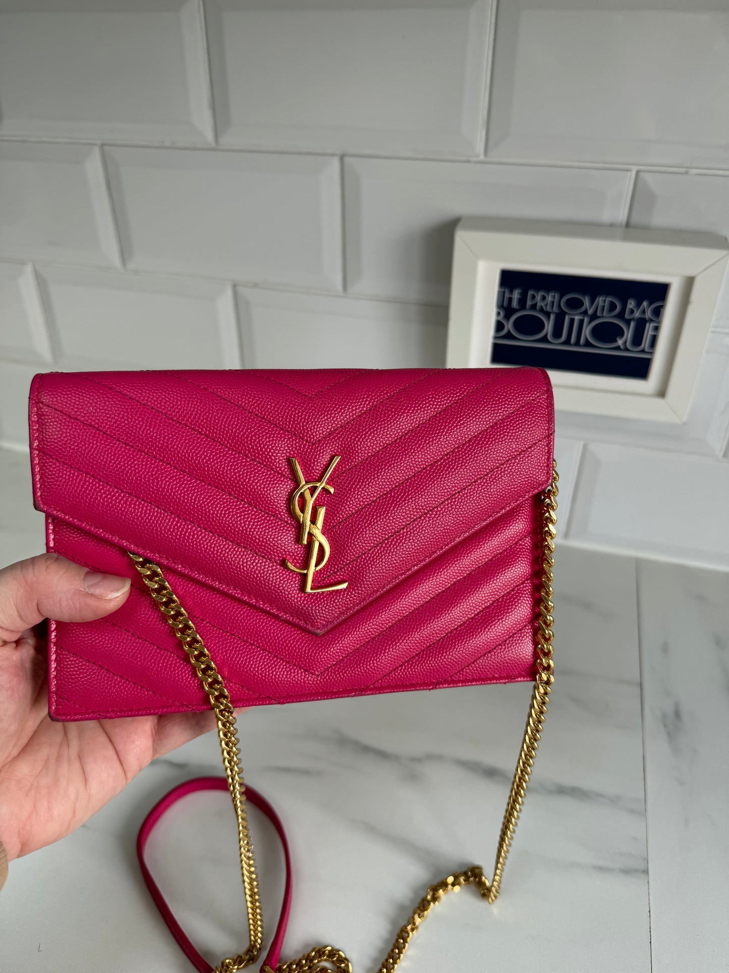 YSL/Saint Laurent Paris Cassandre Envelope Chain Wallet - Fuschia Pink