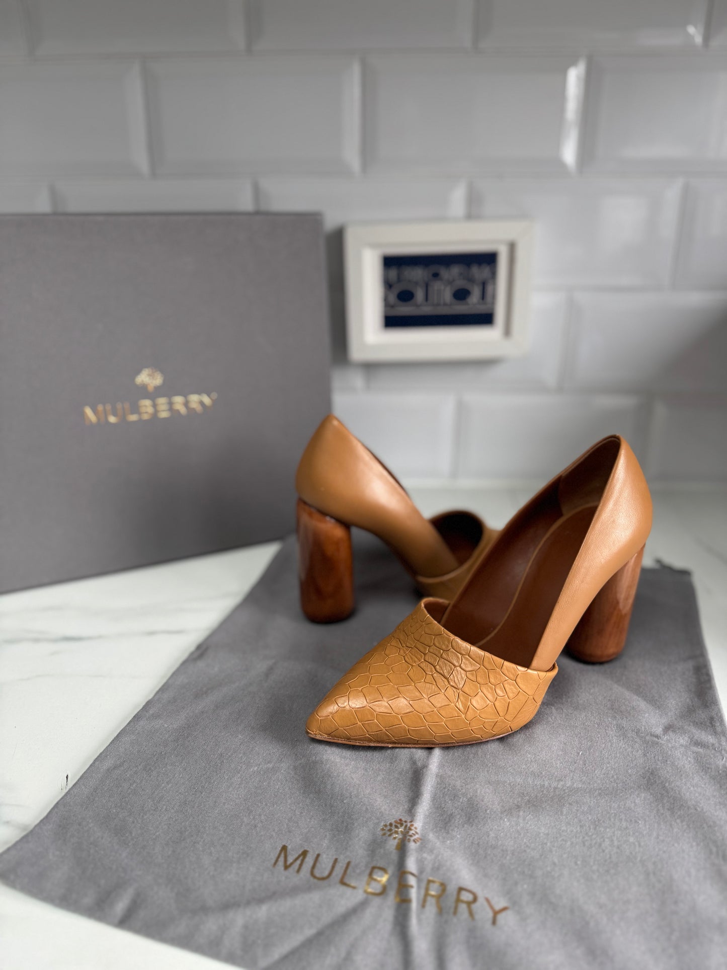 Mulberry Croc Nappa Leather Wooden Heels - Camel