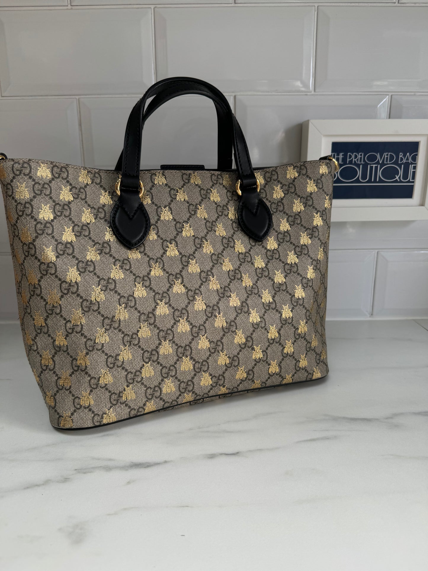 Gucci Limited Edition GGMonogram Supreme Bees Tote - Brown & Gold