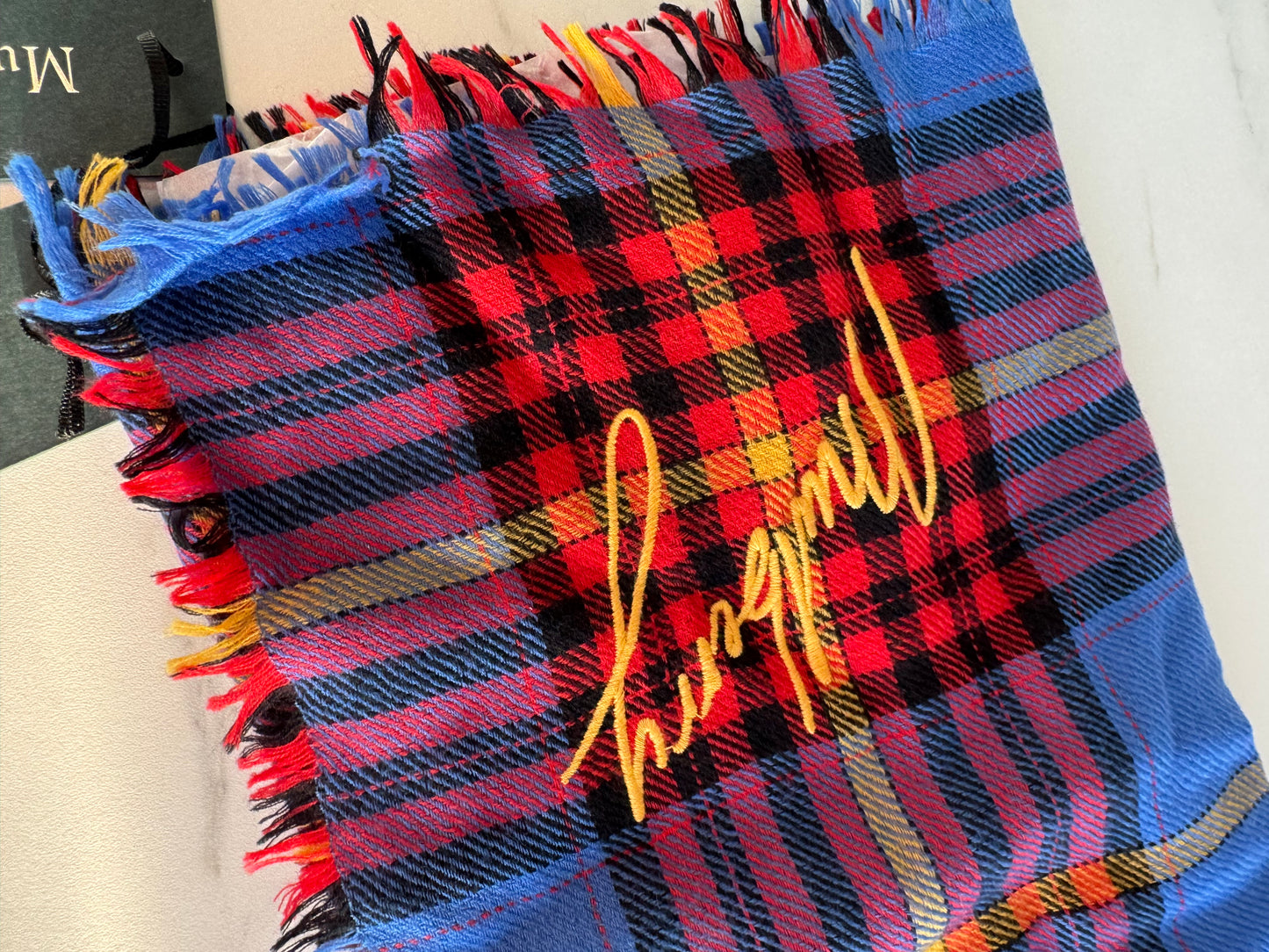 Mulberry Bright Check Light Wool Shawl/Scarf - Porcelain Blue, Yellow, Red and Black