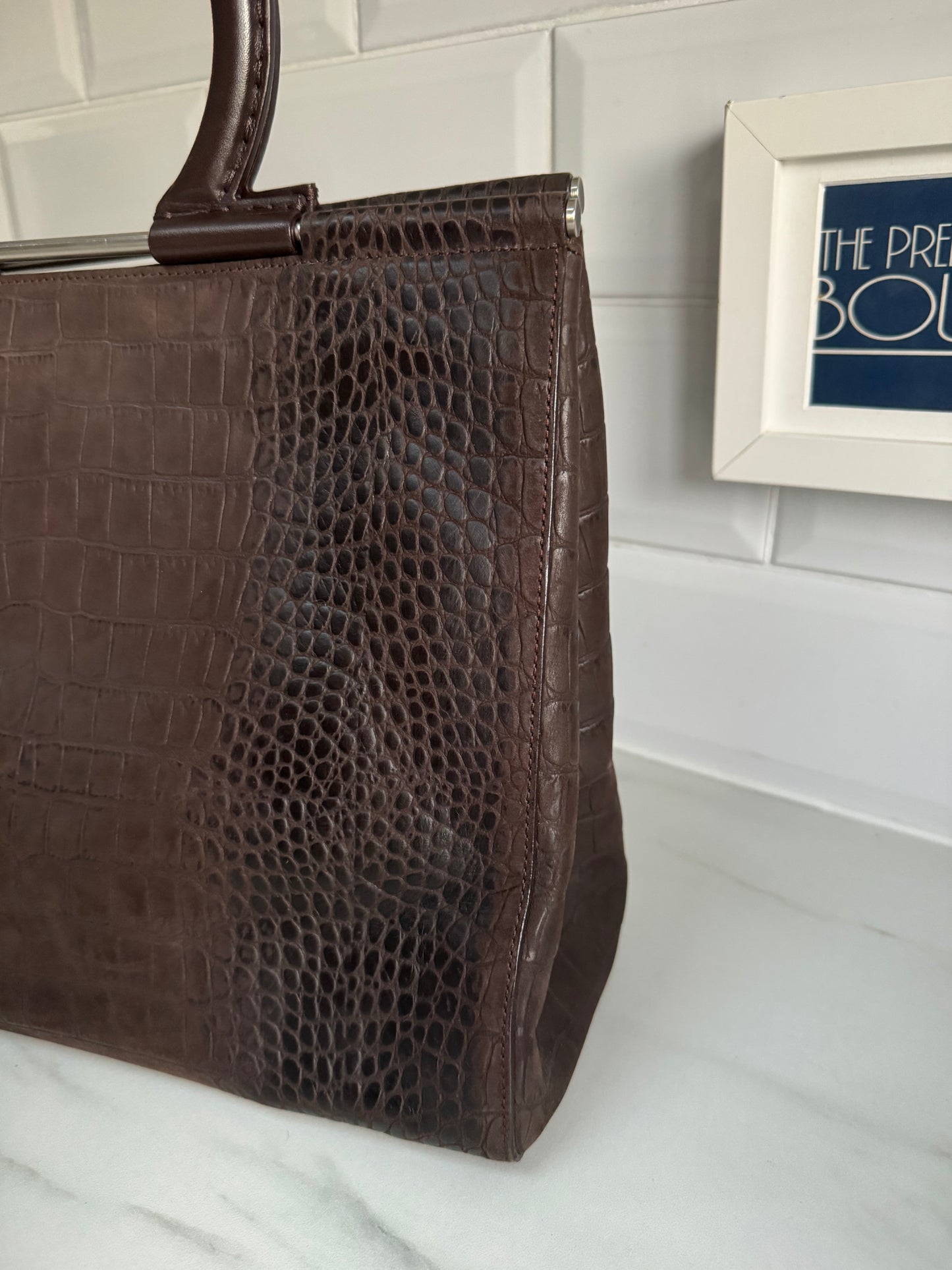 Salvatore Ferragamo Croc Embossed Tote - Chocolate brown