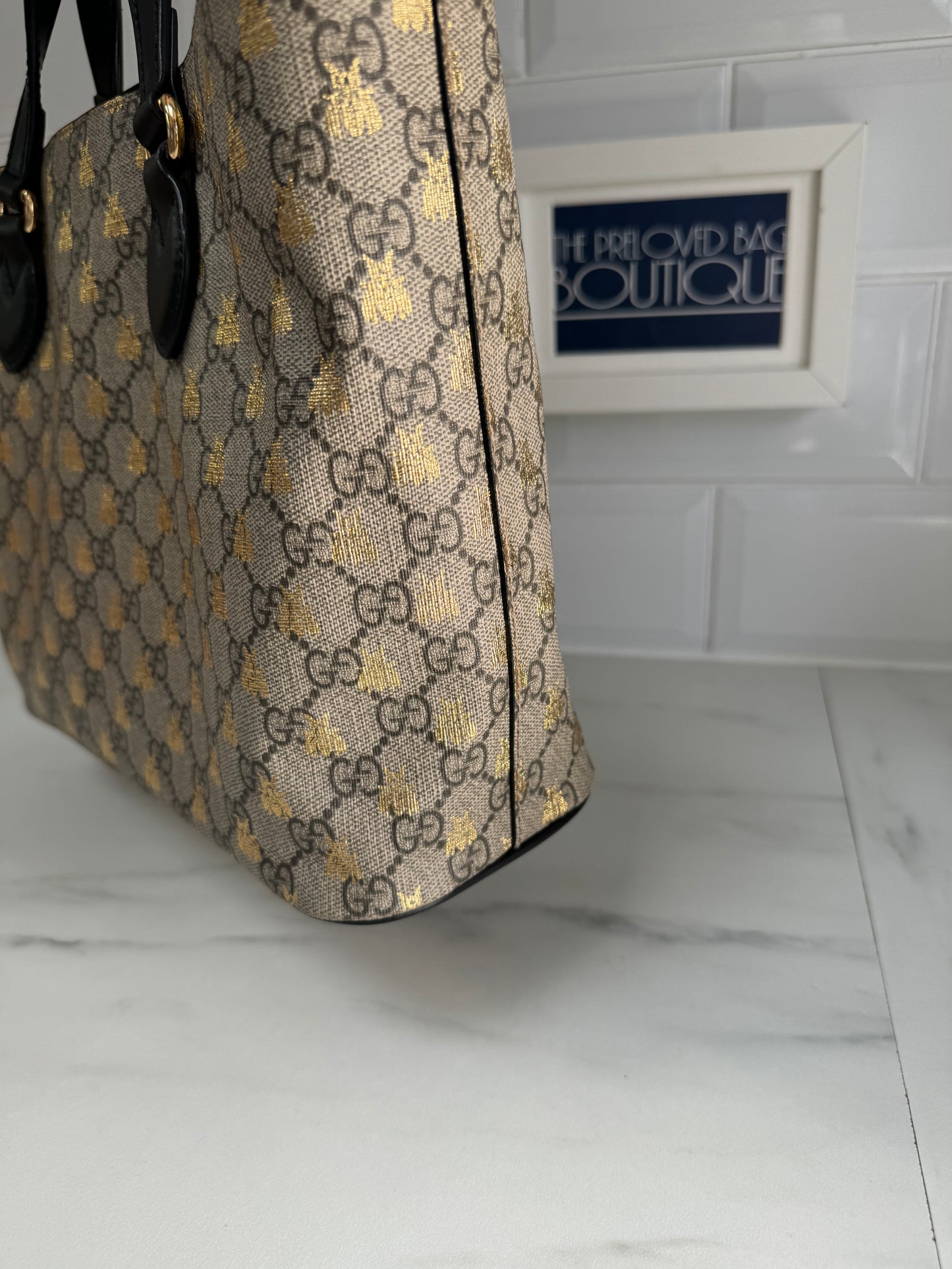 Gucci Limited Edition GGMonogram Supreme Bees Tote - Brown & Gold