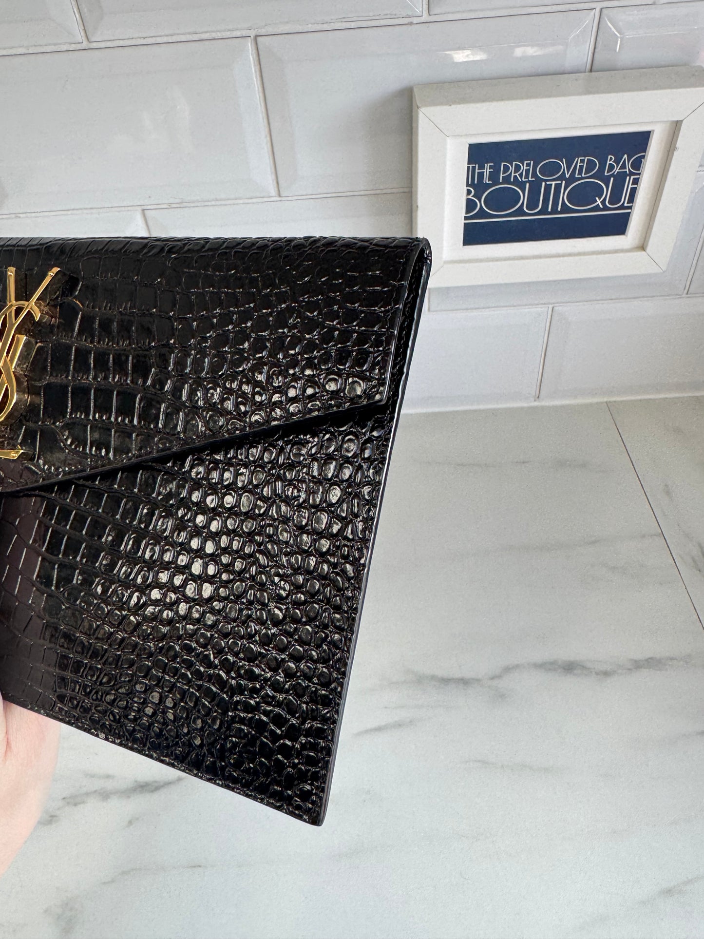 Saint Laurent (YSL) Croc Embossed Uptown Envelope Pouch - Black