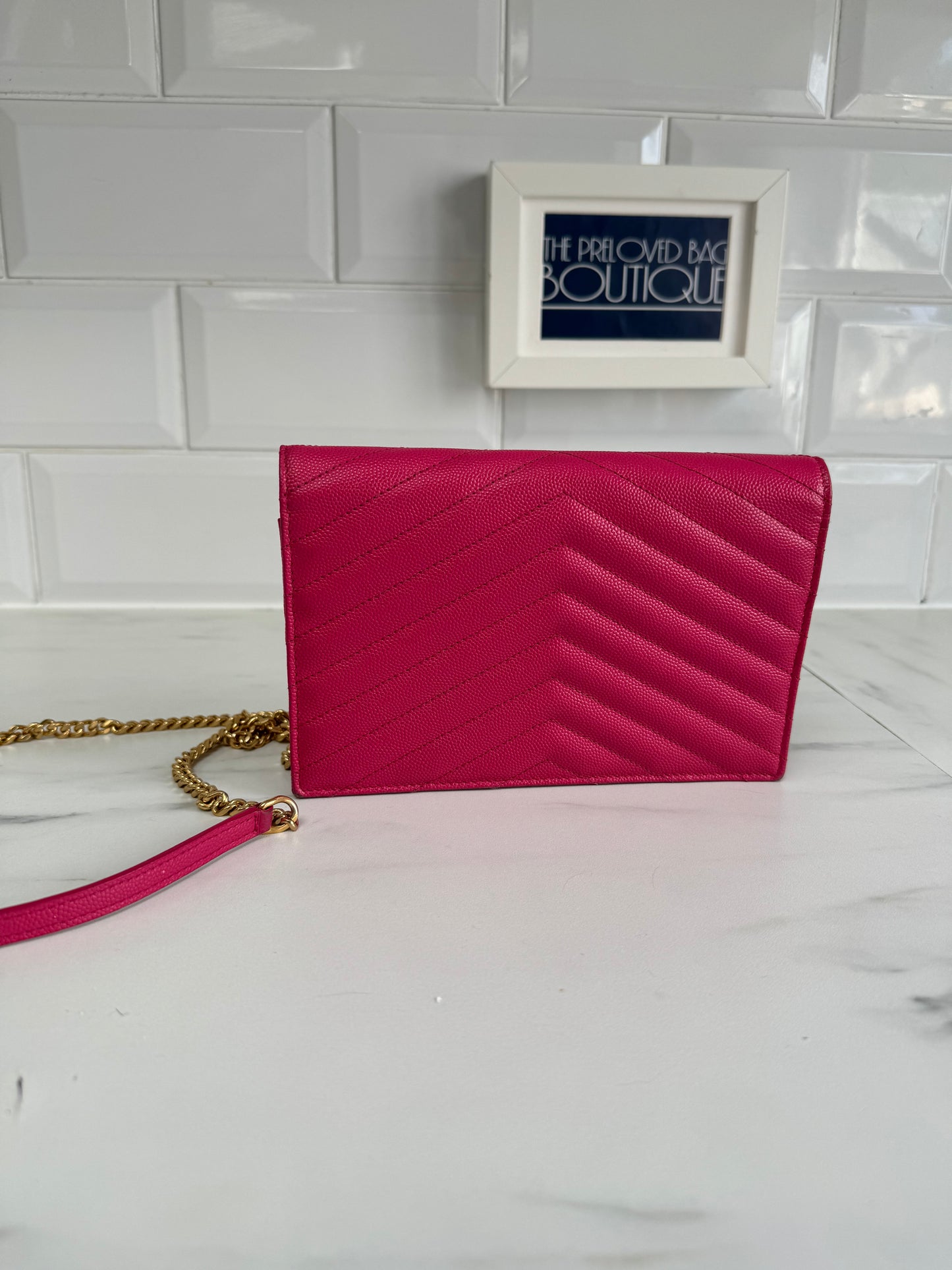 YSL/Saint Laurent Paris Cassandre Envelope Chain Wallet - Fuschia Pink