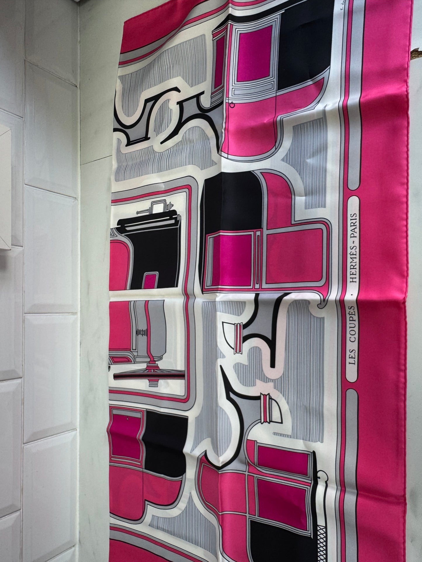 Hermes Les Coupes silk twill scarf - Pink, Black, Grey and White