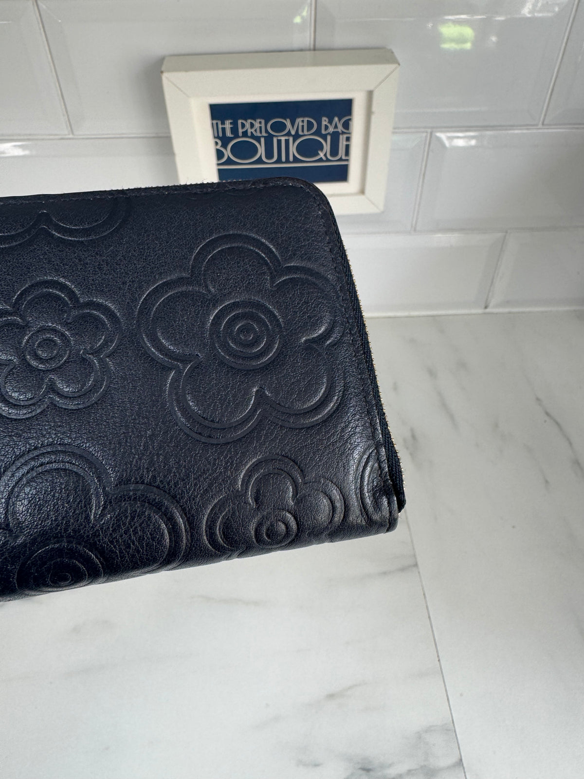 Mulberry Flower Embossed Long Zip around Purse and Card Holder - Navy Blue