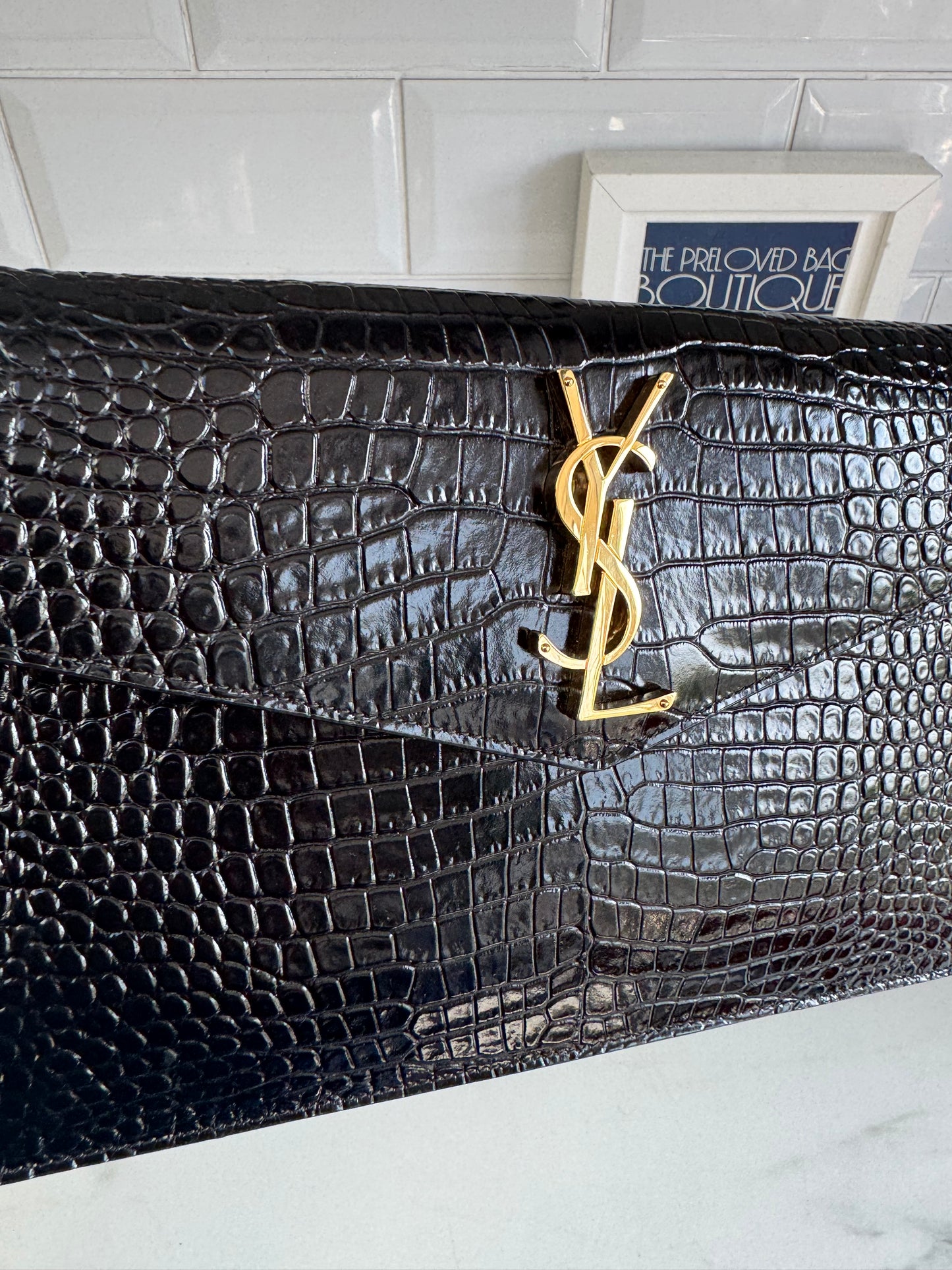 Saint Laurent (YSL) Croc Embossed Uptown Envelope Pouch - Black
