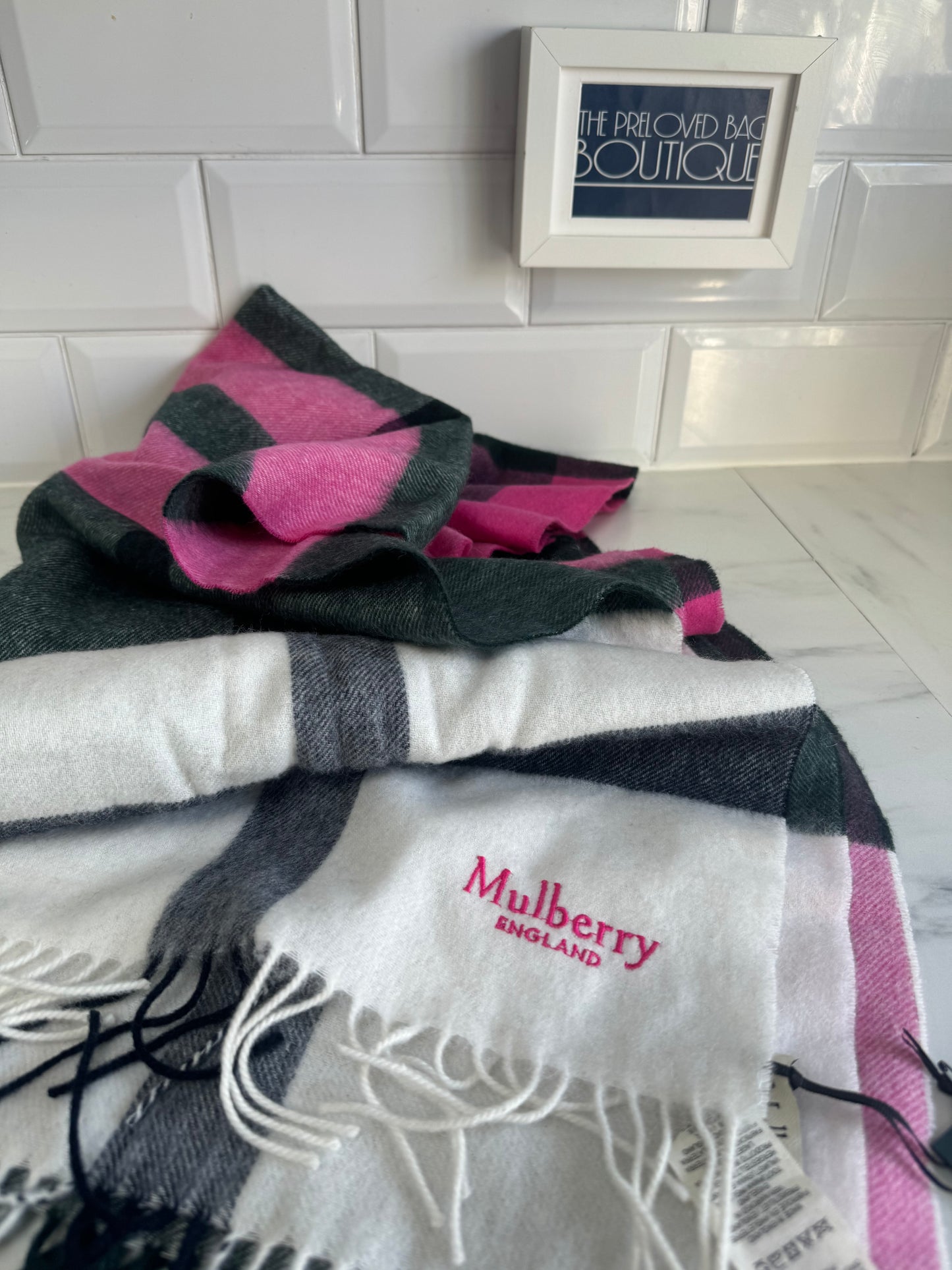 Mulberry Large Scarf - White, Pink & Green