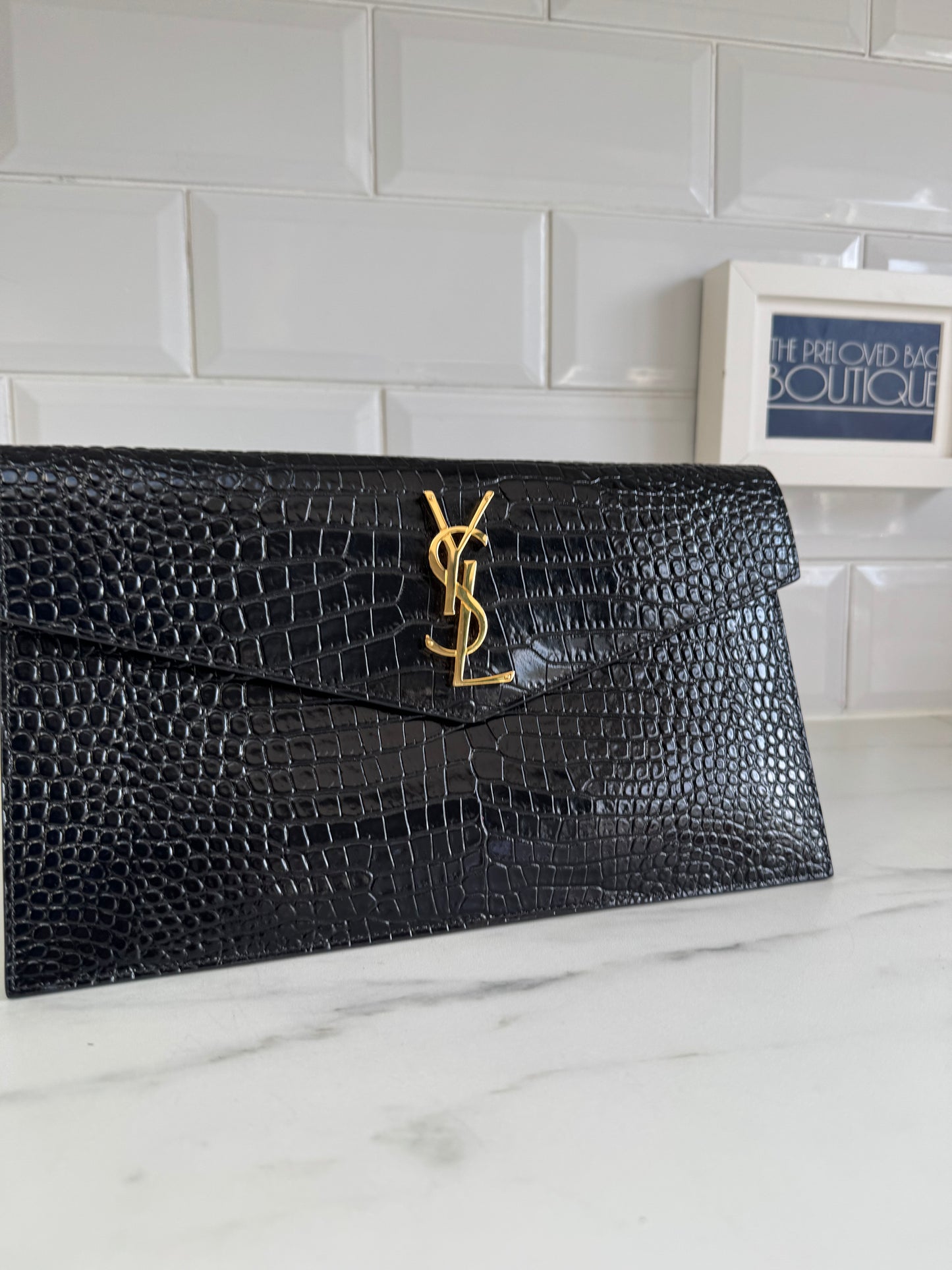 Saint Laurent (YSL) Croc Embossed Uptown Envelope Pouch - Black