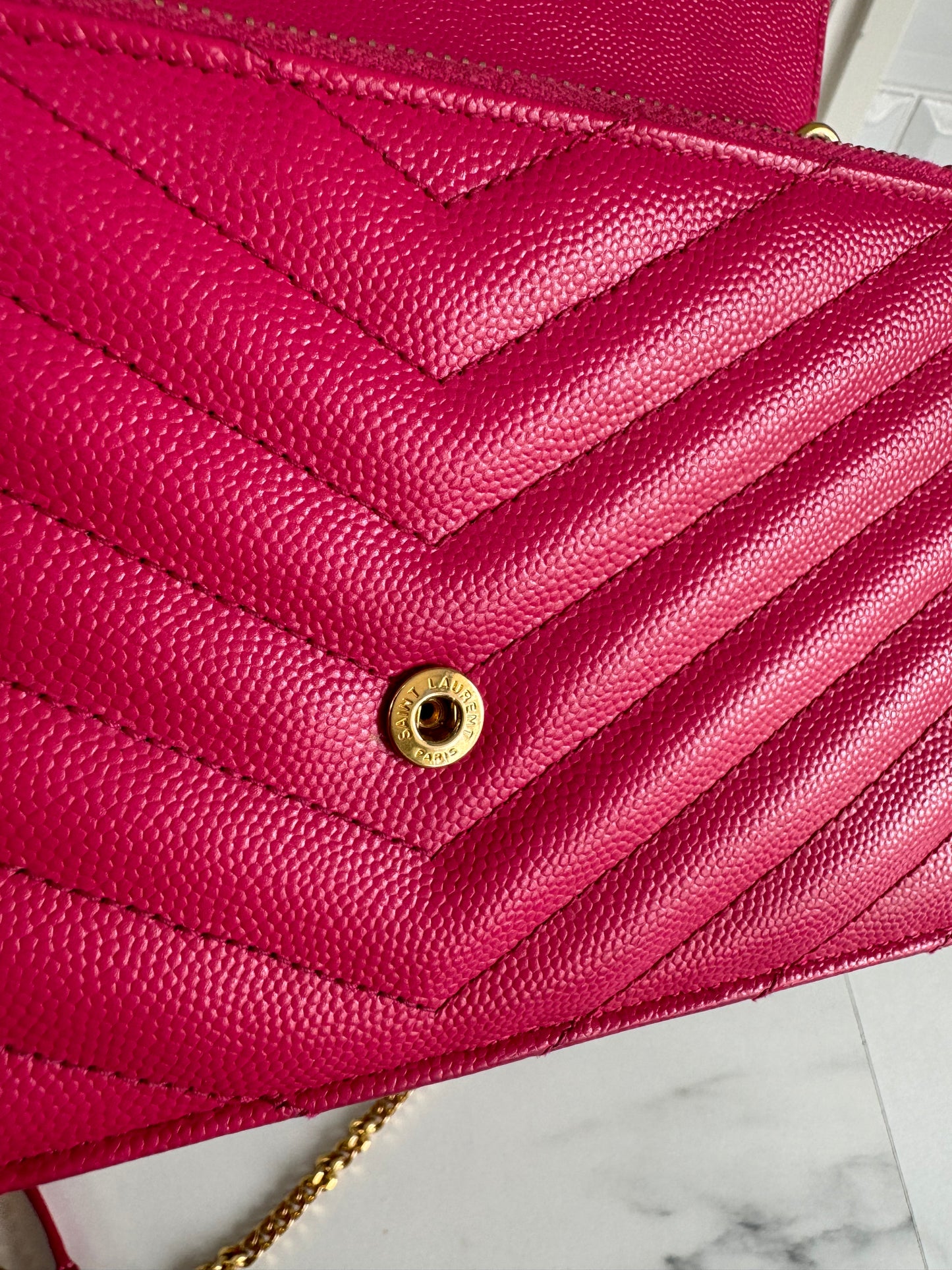 YSL/Saint Laurent Paris Cassandre Envelope Chain Wallet - Fuschia Pink