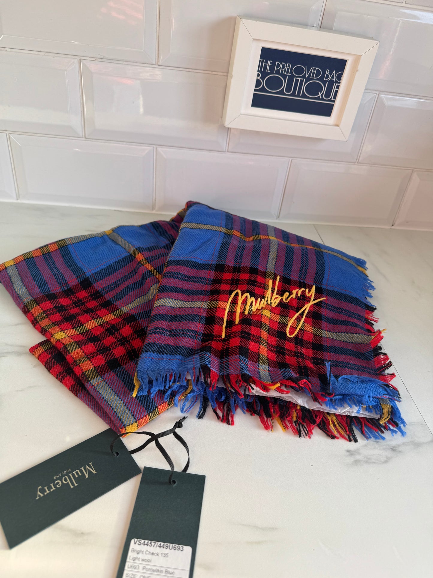 Mulberry Bright Check Light Wool Shawl/Scarf - Porcelain Blue, Yellow, Red and Black