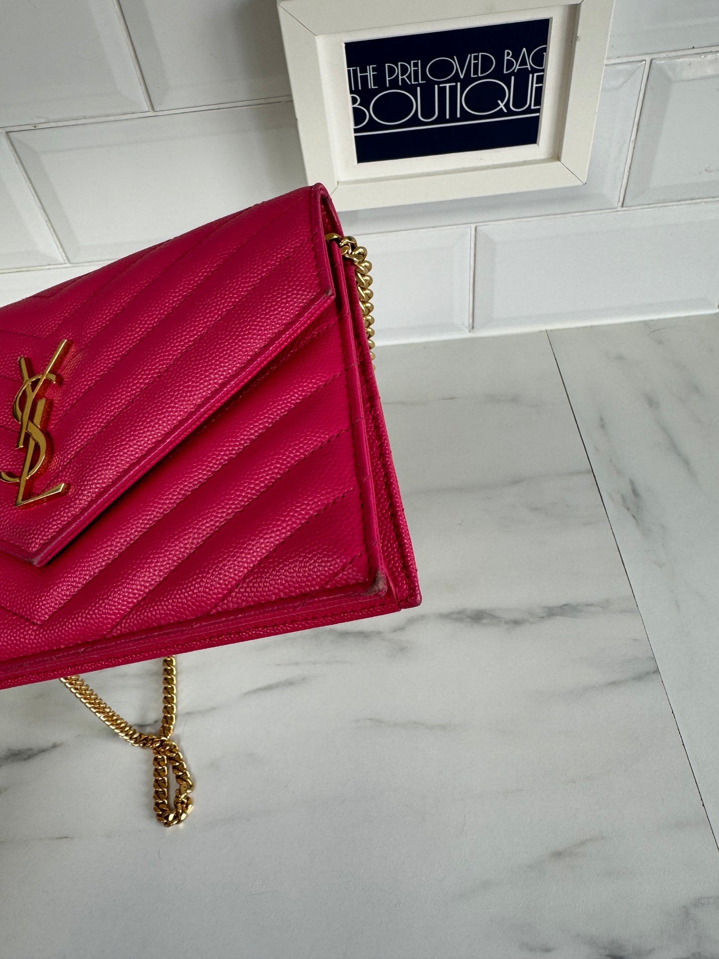 YSL/Saint Laurent Paris Cassandre Envelope Chain Wallet - Fuschia Pink