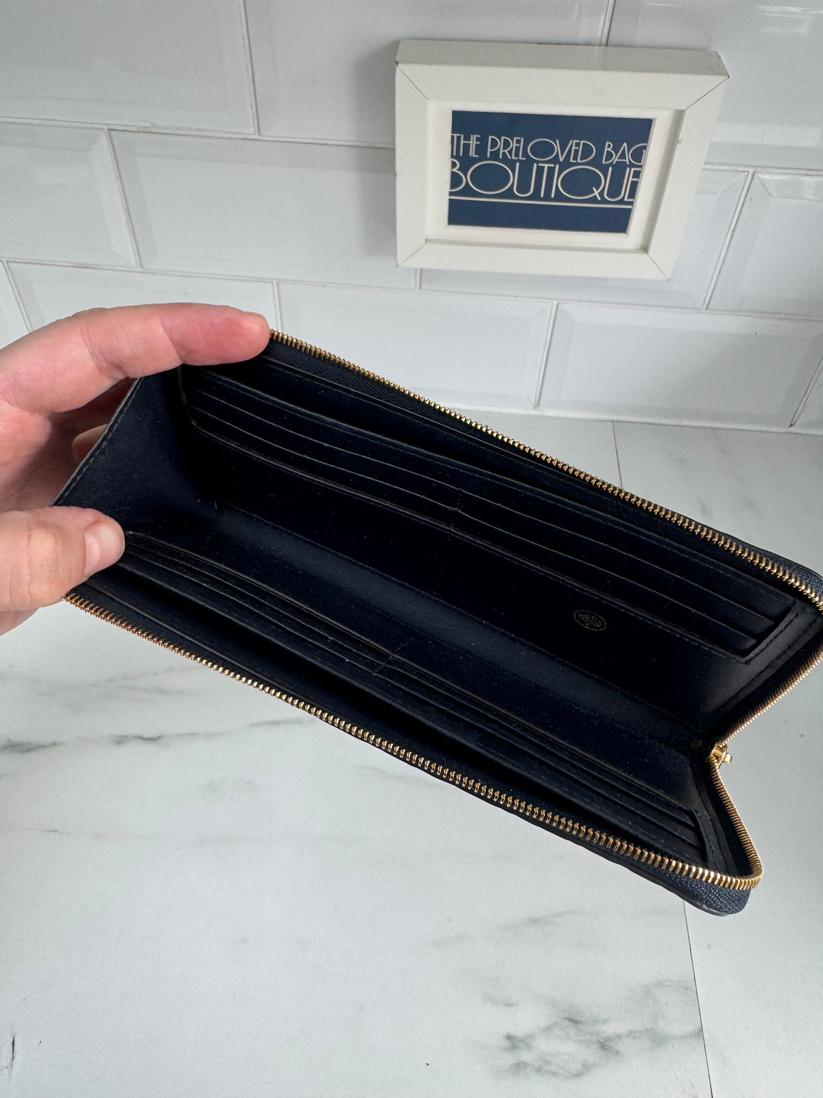 Mulberry Flower Embossed Long Zip around Purse and Card Holder - Navy Blue