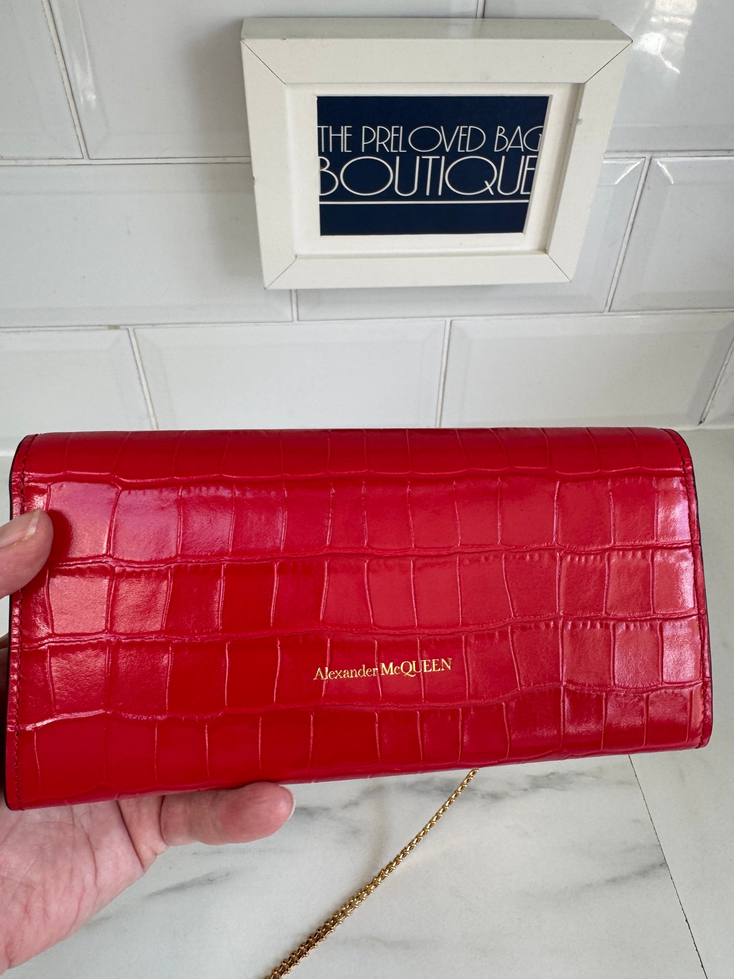 Alexander McQueen Small Skull Croc Embossed WOC - Red