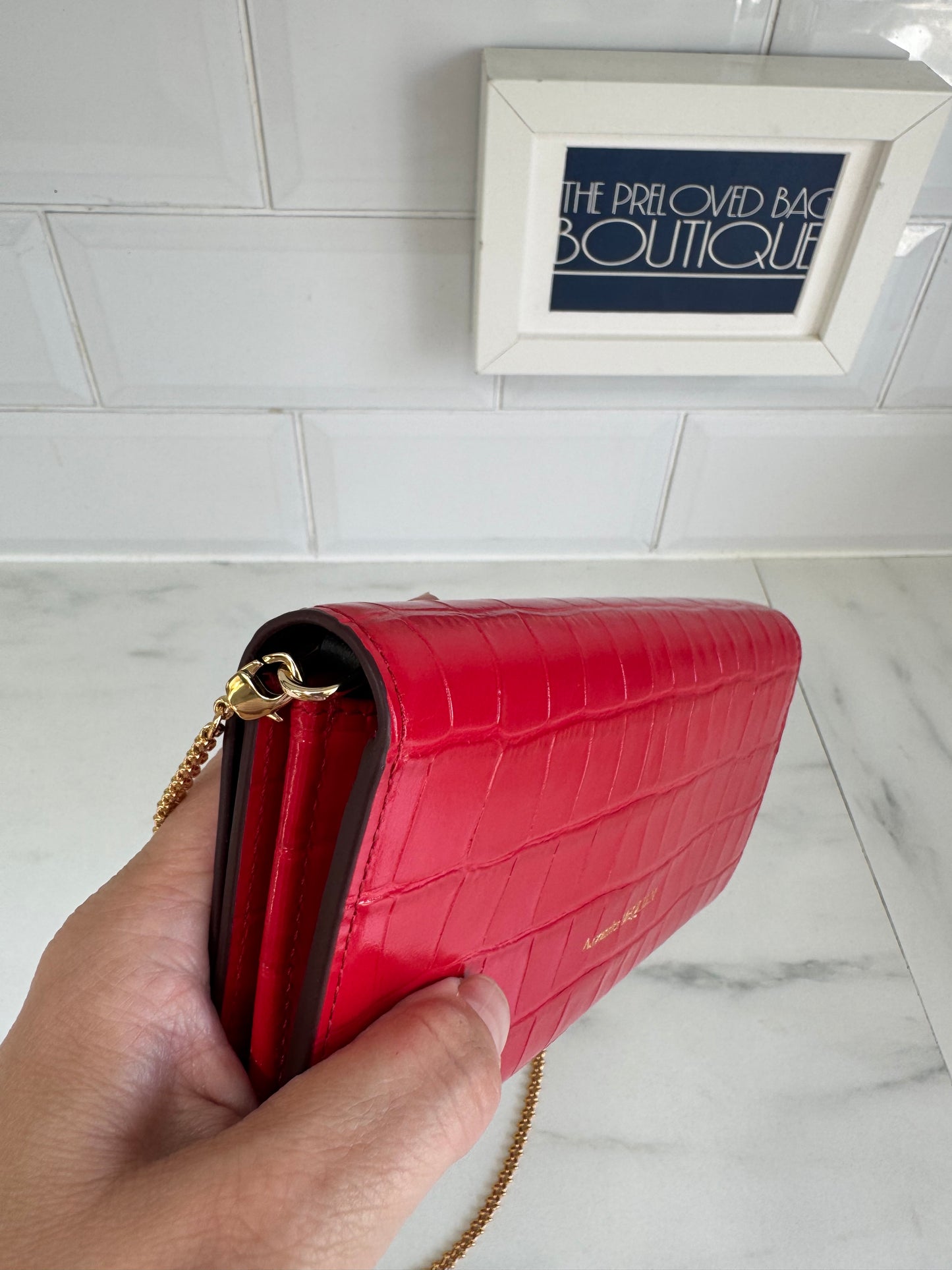Alexander McQueen Small Skull Croc Embossed WOC - Red