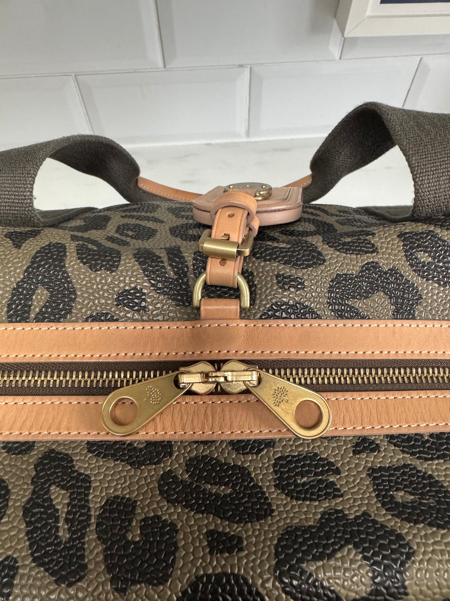 Mulberry Limited Edition Scotchgrain Birds Nest Large Clipper Holdall - Olive Green and Black Leopard Print