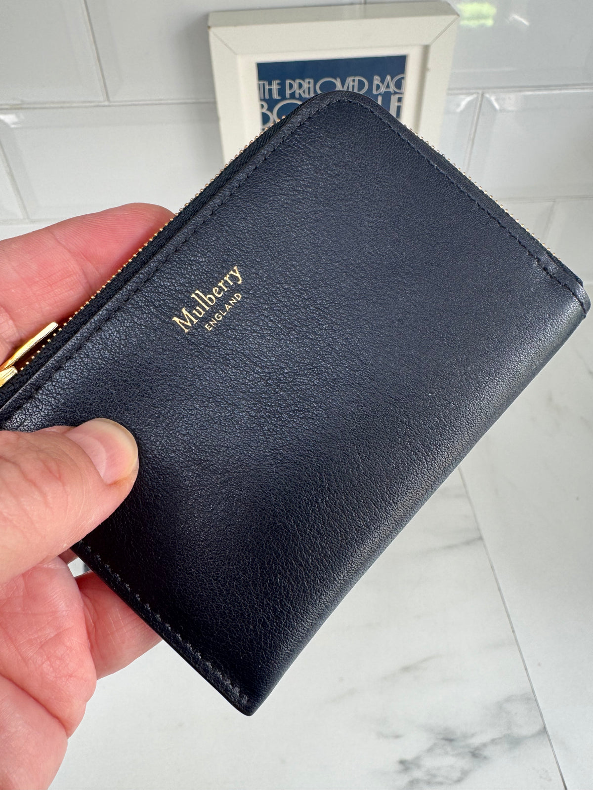 Mulberry Flower Embossed Long Zip around Purse and Card Holder - Navy Blue