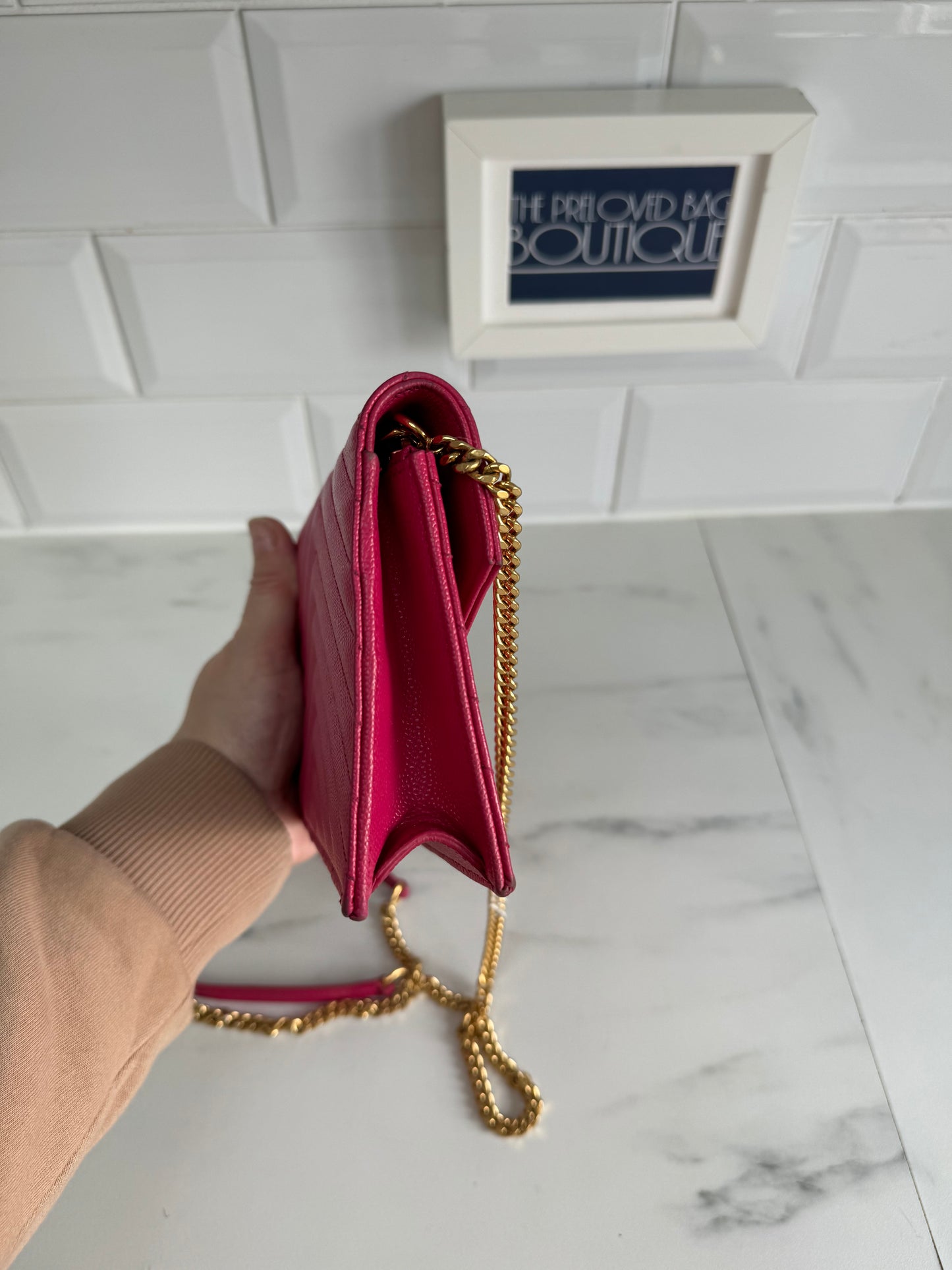 YSL/Saint Laurent Paris Cassandre Envelope Chain Wallet - Fuschia Pink